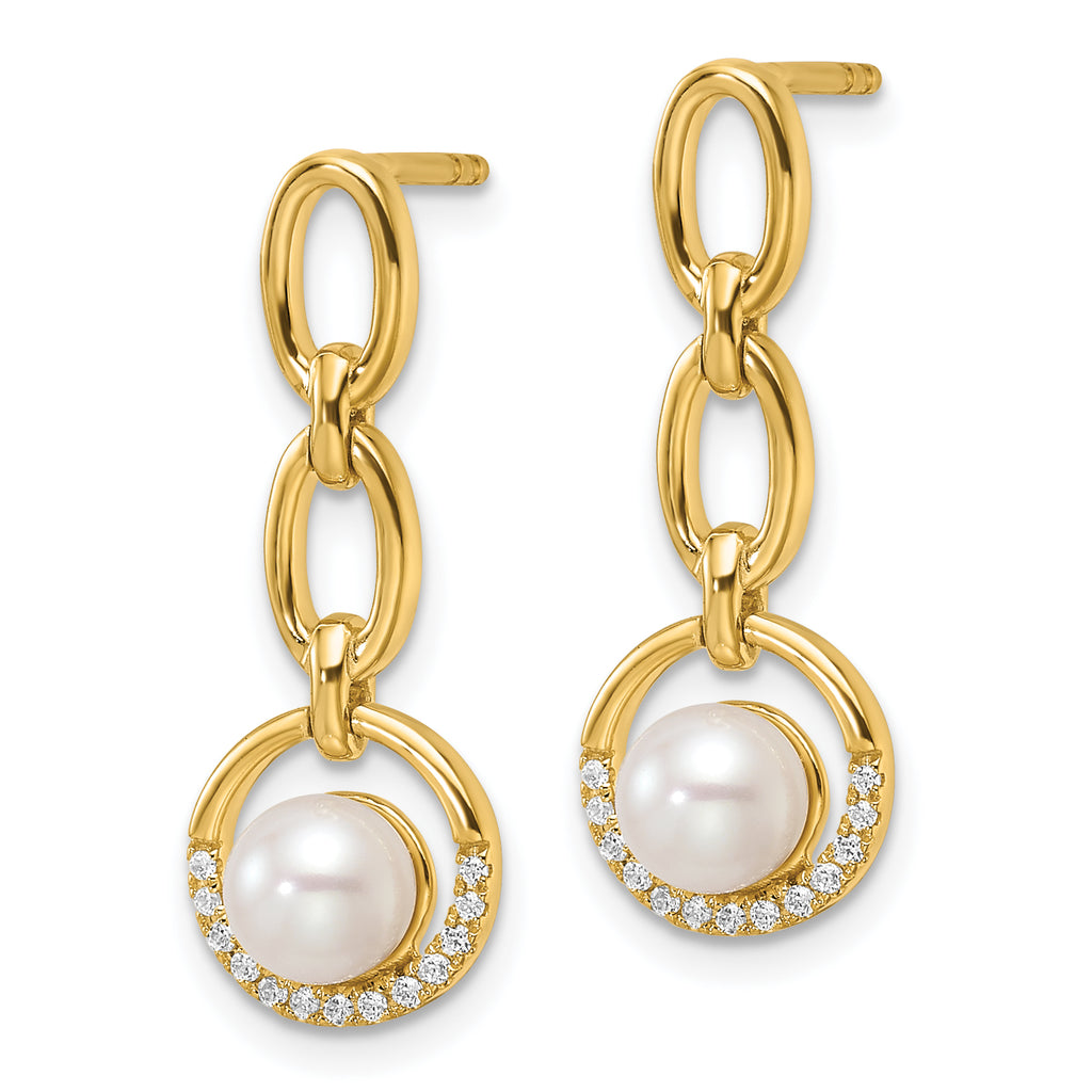 14K Polished 1/10 carat Diamond and White Freshwater Cultured Pearl Open Circle Dangle Post Earrings