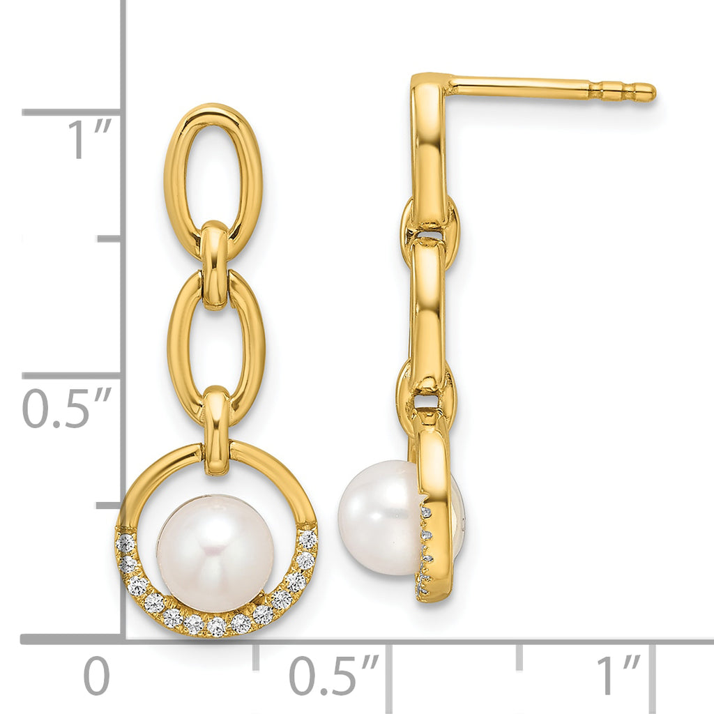 14K Polished 1/10 carat Diamond and White Freshwater Cultured Pearl Open Circle Dangle Post Earrings