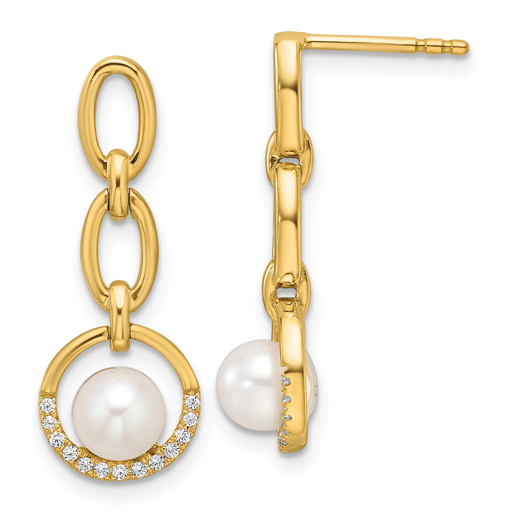 14K Polished 1/10 carat Diamond and White Freshwater Cultured Pearl Open Circle Dangle Post Earrings Main image