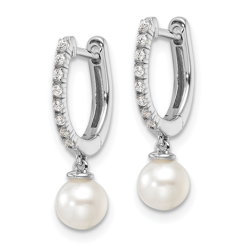 14k White Gold 1/10 carat Lab Grown Diamond VS/SI+ G+ and 5.50 mm Round Freshwater Cultured Pearl Complete Hinged Hoop Earrings
