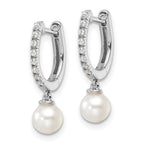 14k White Gold 1/10 carat Lab Grown Diamond VS/SI+ G+ and 5.50 mm Round Freshwater Cultured Pearl Complete Hinged Hoop Earrings