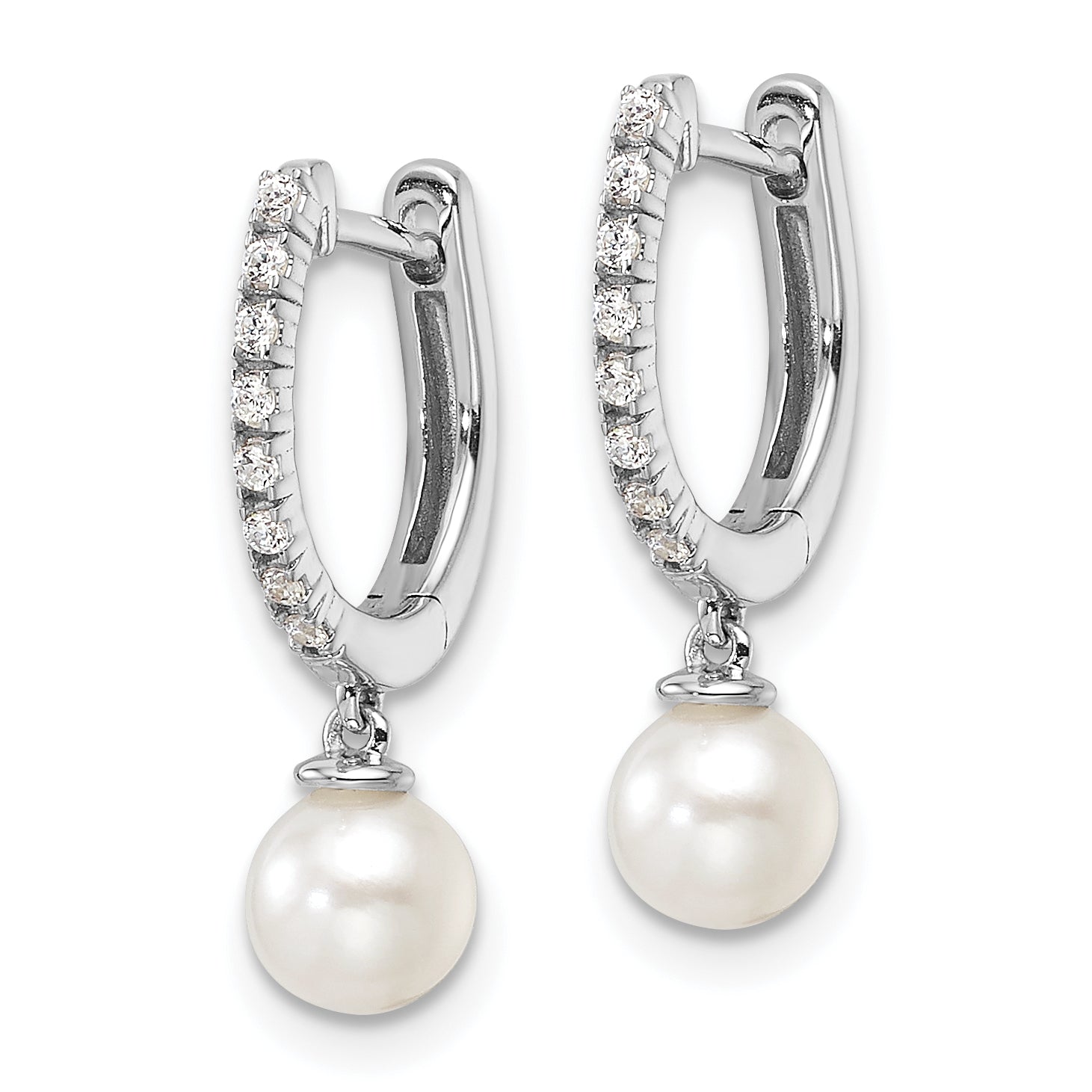 14k White Gold 1/10 carat Lab Grown Diamond VS/SI+ G+ and 5.50 mm Round Freshwater Cultured Pearl Complete Hinged Hoop Earrings