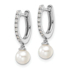 14k White Gold 1/10 carat Lab Grown Diamond VS/SI+ G+ and 5.50 mm Round Freshwater Cultured Pearl Complete Hinged Hoop Earrings
