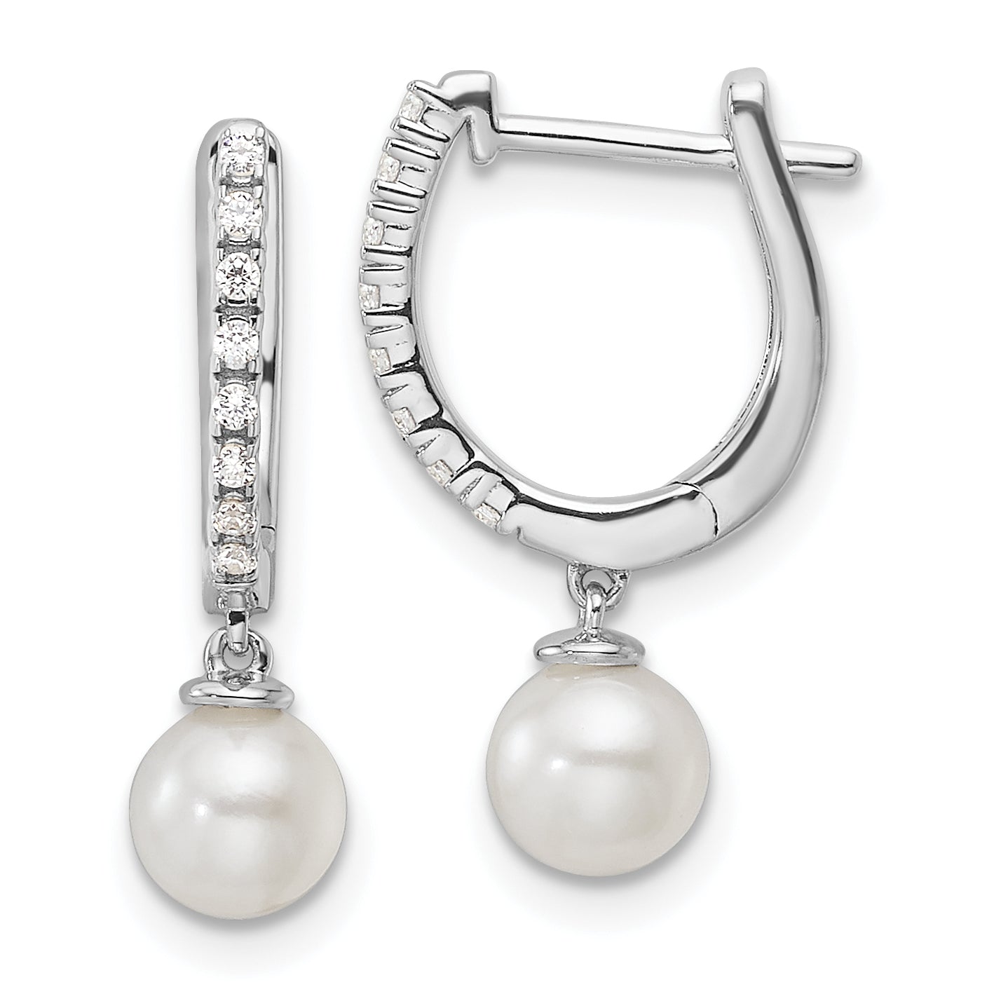 14k White Gold 1/10 carat Lab Grown Diamond VS/SI+ G+ and 5.50 mm Round Freshwater Cultured Pearl Complete Hinged Hoop Earrings Main image