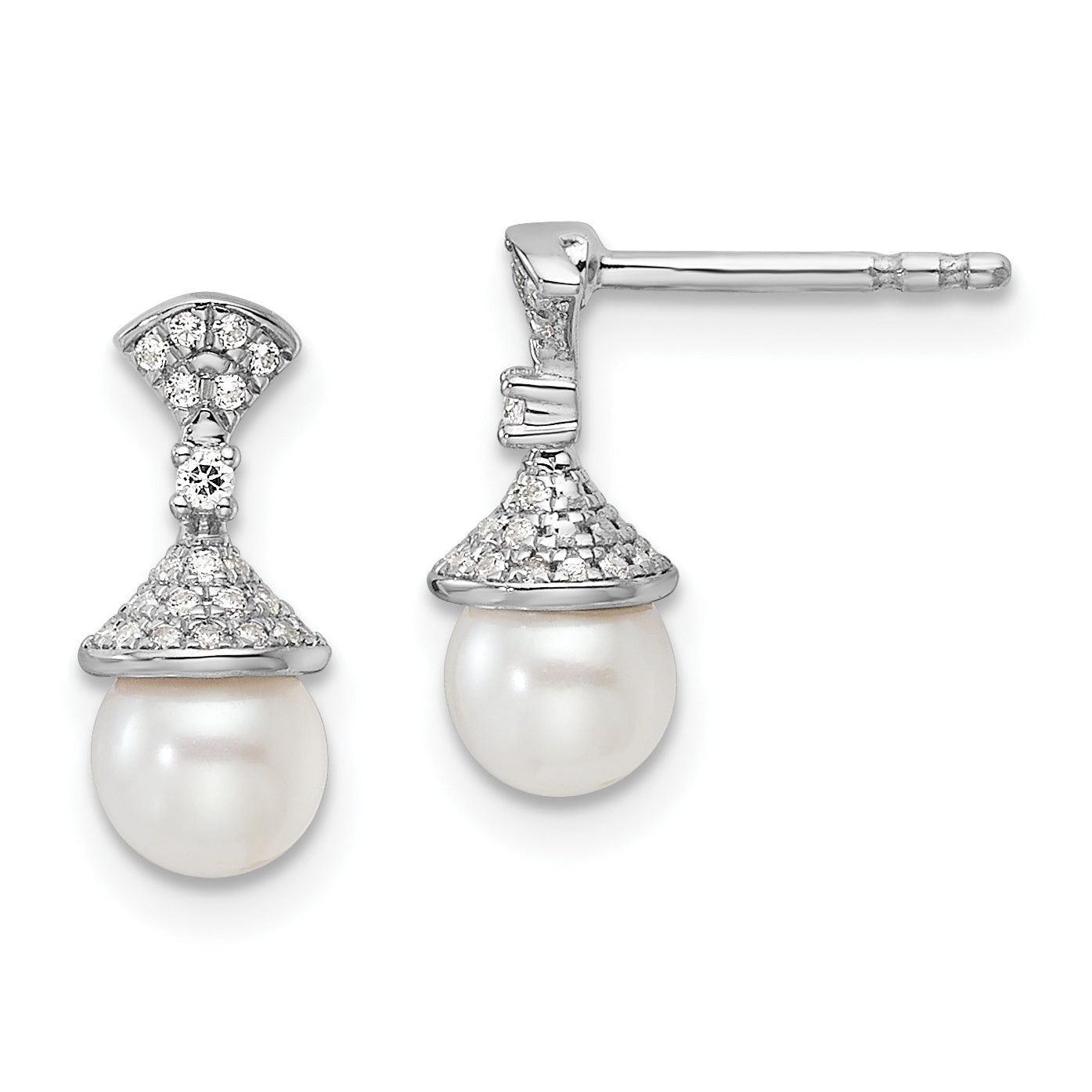 14K White Gold Polished 1/8 carat Diamond and White Freshwater Cultured Pearl Drop Post Earrings Main image