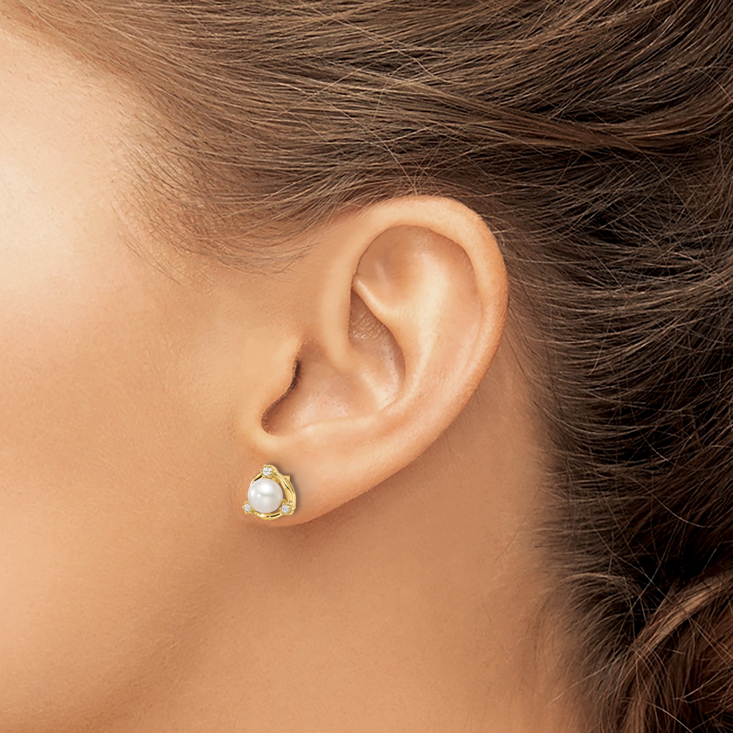 14k 1/10 carat Lab Grown Diamond VS/SI+ G+ and 5.50 mm Round Freshwater Cultured Pearl Post Earrings