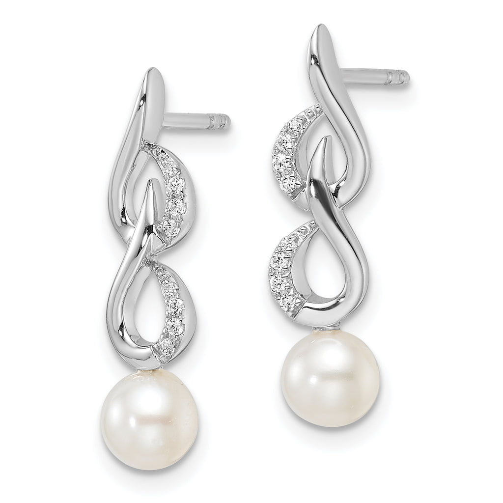 14K White Gold Polished 1/15 carat Diamond and White Freshwater Cultured Pearl Drop Post Earrings