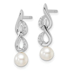 14K White Gold Polished 1/15 carat Diamond and White Freshwater Cultured Pearl Drop Post Earrings
