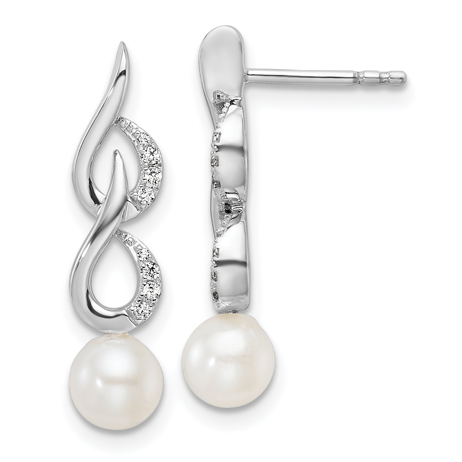 14K White Gold Polished 1/15 carat Diamond and White Freshwater Cultured Pearl Drop Post Earrings Main image
