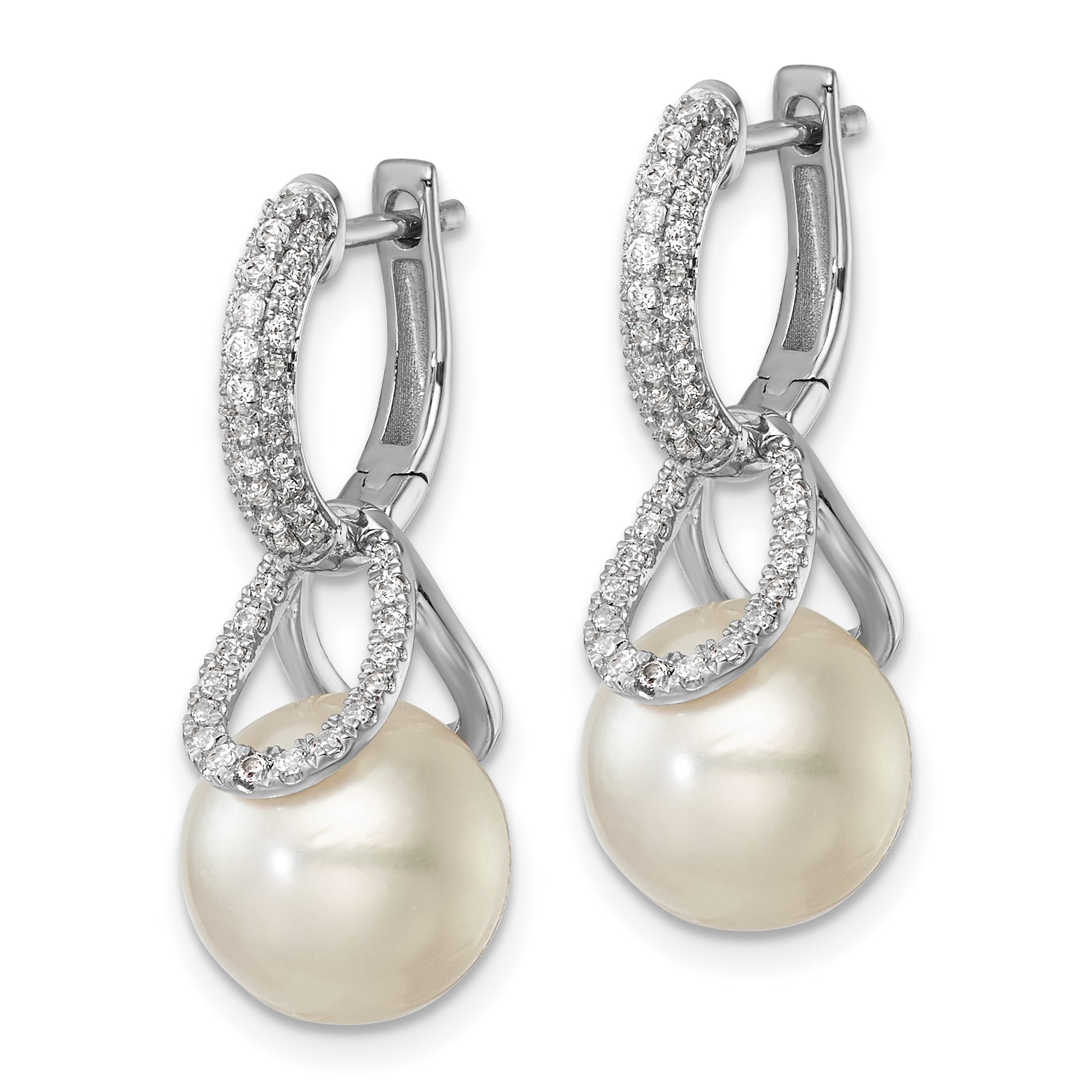 14K White Gold Polished Diamond and Pearl Dangle Hoop Earrings Secondary image