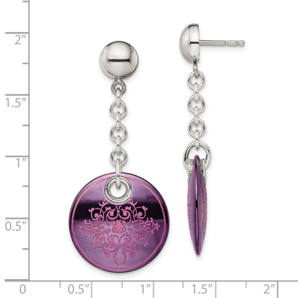 Edward Mirell Black Ti Anodized Pink Ornate Circle and Sterling Silver Post Dangle Earrings