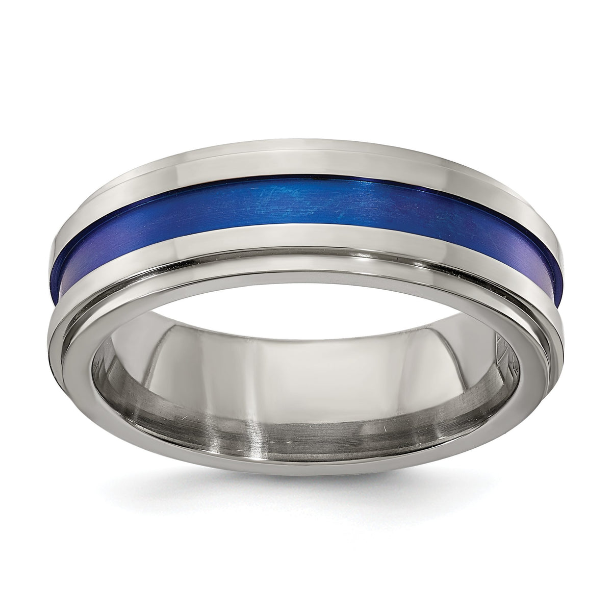 Edward Mirell Gray Titanium with Blue Anodized Stripe Flat Grooved Step Edge 7mm Band, Size 7–12.5 - Sophia Jewelers Main image