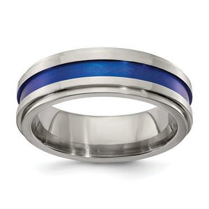 Edward Mirell Gray Titanium with Blue Anodized Stripe Flat Grooved Step Edge 7mm Band, Size 7–12.5 - Sophia Jewelers