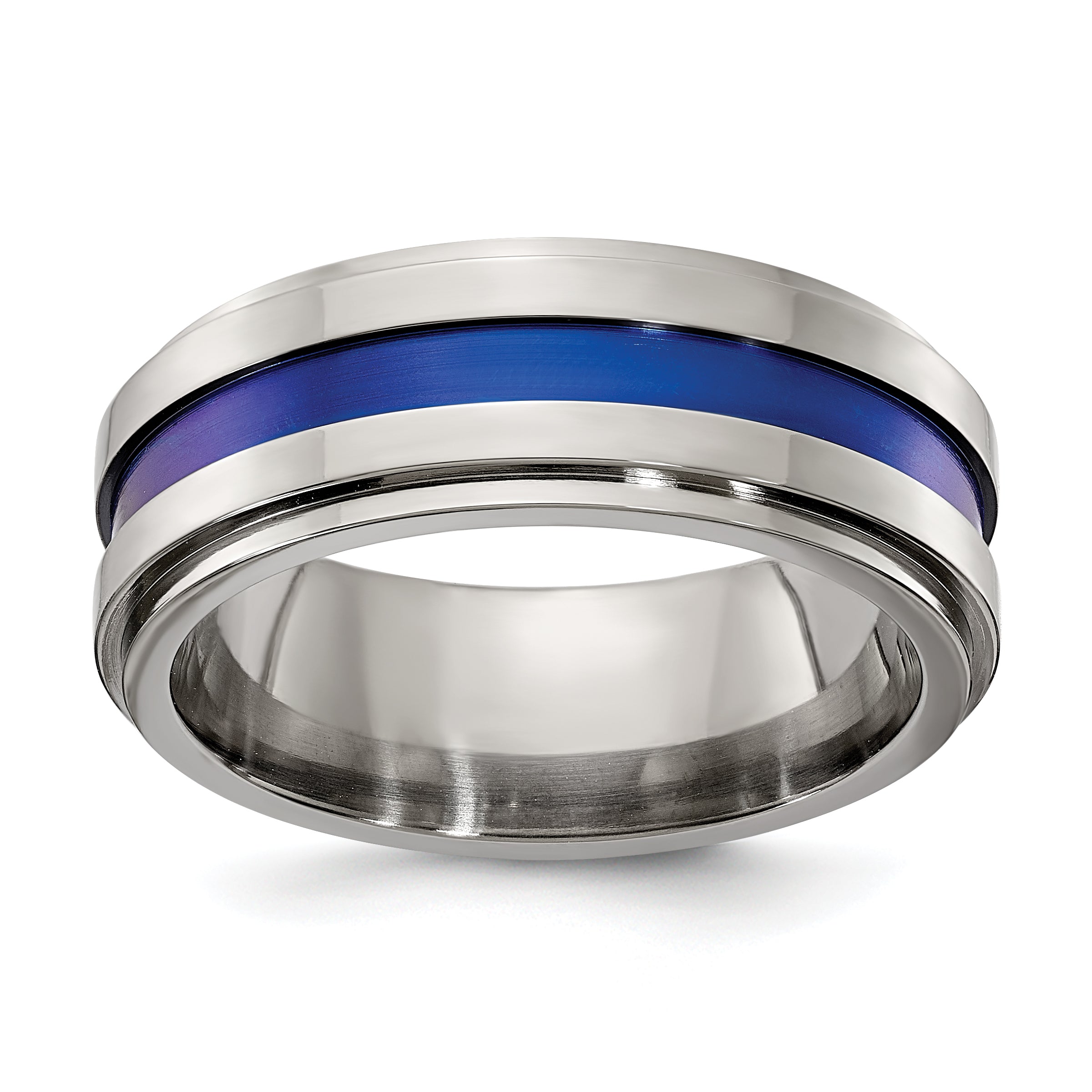 Edward Mirell Gray Titanium with Blue Anodized Stripe Flat Grooved Step Edge 8mm Band Main image