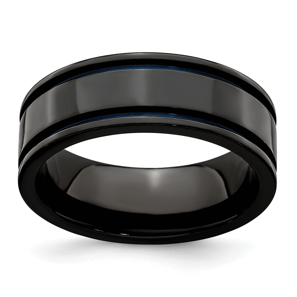 Edward Mirell Titanium Black Ti with Blue Anodized Grooves Flat 8mm Band, Size 7–12 - Sophia Jewelers Main image