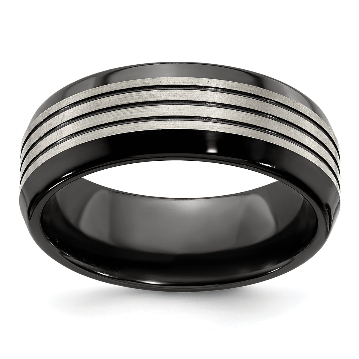 Black Top Beveled-Edge Wedding Band in Titanium, 8mm, Size 8–13 - Sophia Jewelers Main image