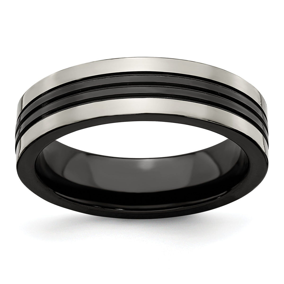 Edward Mirell Grey Titanium/Black Ti Center Grooved 6mm Flat Band, Size 6.5–12.5 - Sophia Jewelers Main image