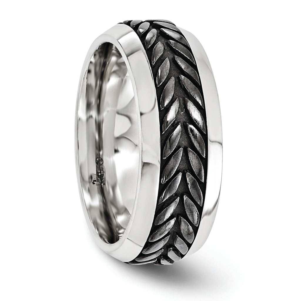 Edward Mirell Stainless Steel and Black Ti Rope Design Beveled Casted 9mm Band