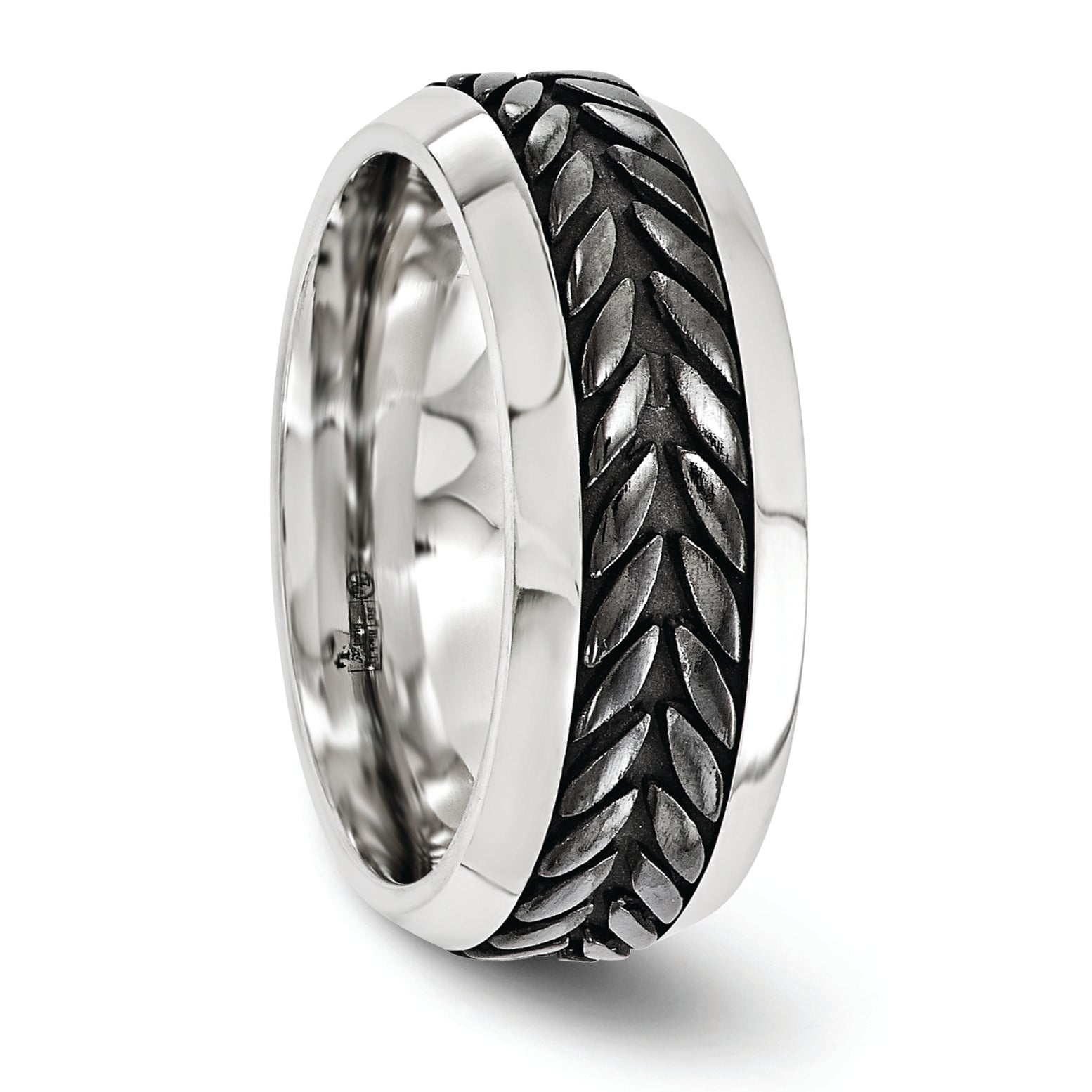 Edward Mirell Stainless Steel and Black Ti Rope Design Beveled Casted 9mm Band