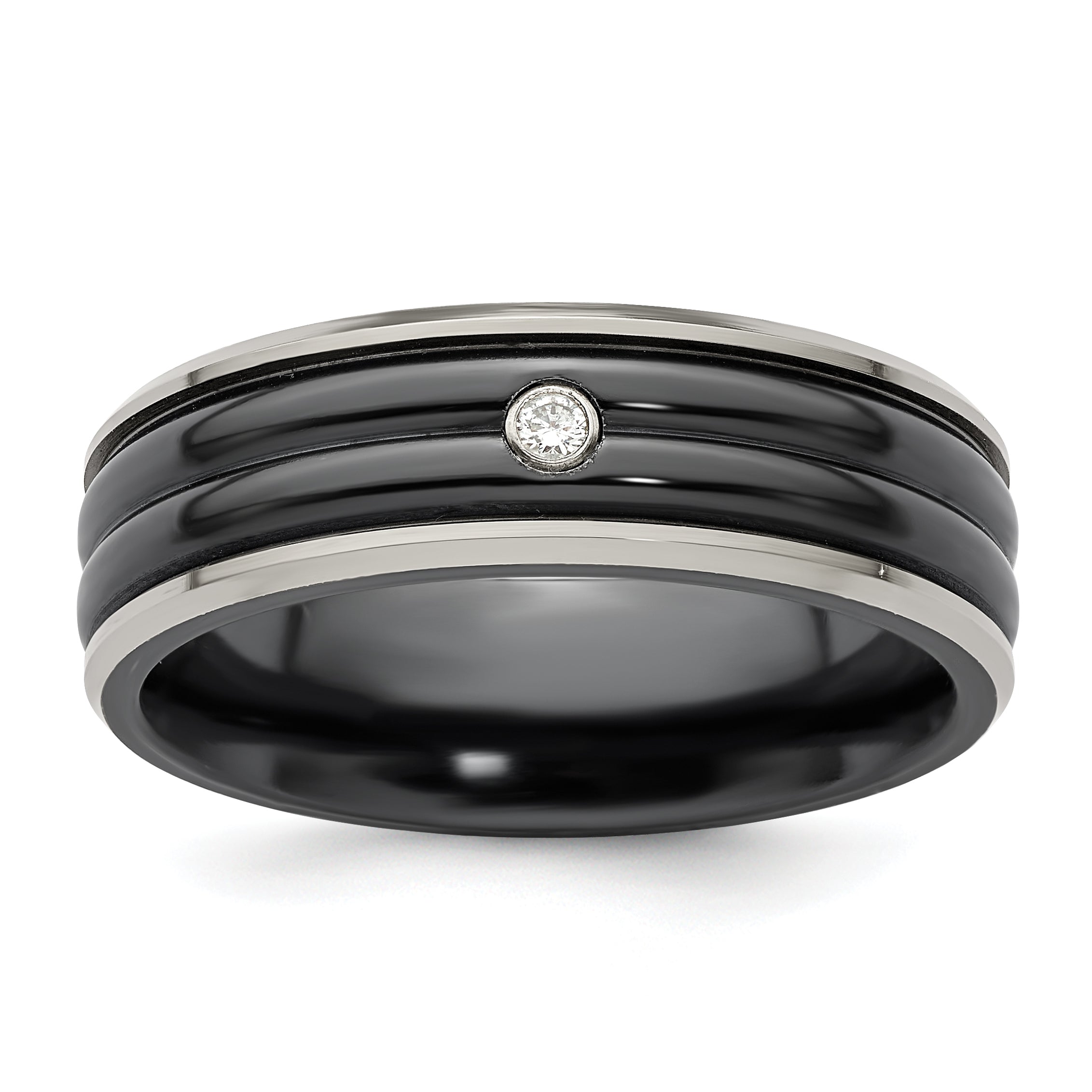 Edward Mirell Black Ti with Grey Titanium Edge .03 carat Diamond with Sterling Silver Bezel 7mm Band Main image
