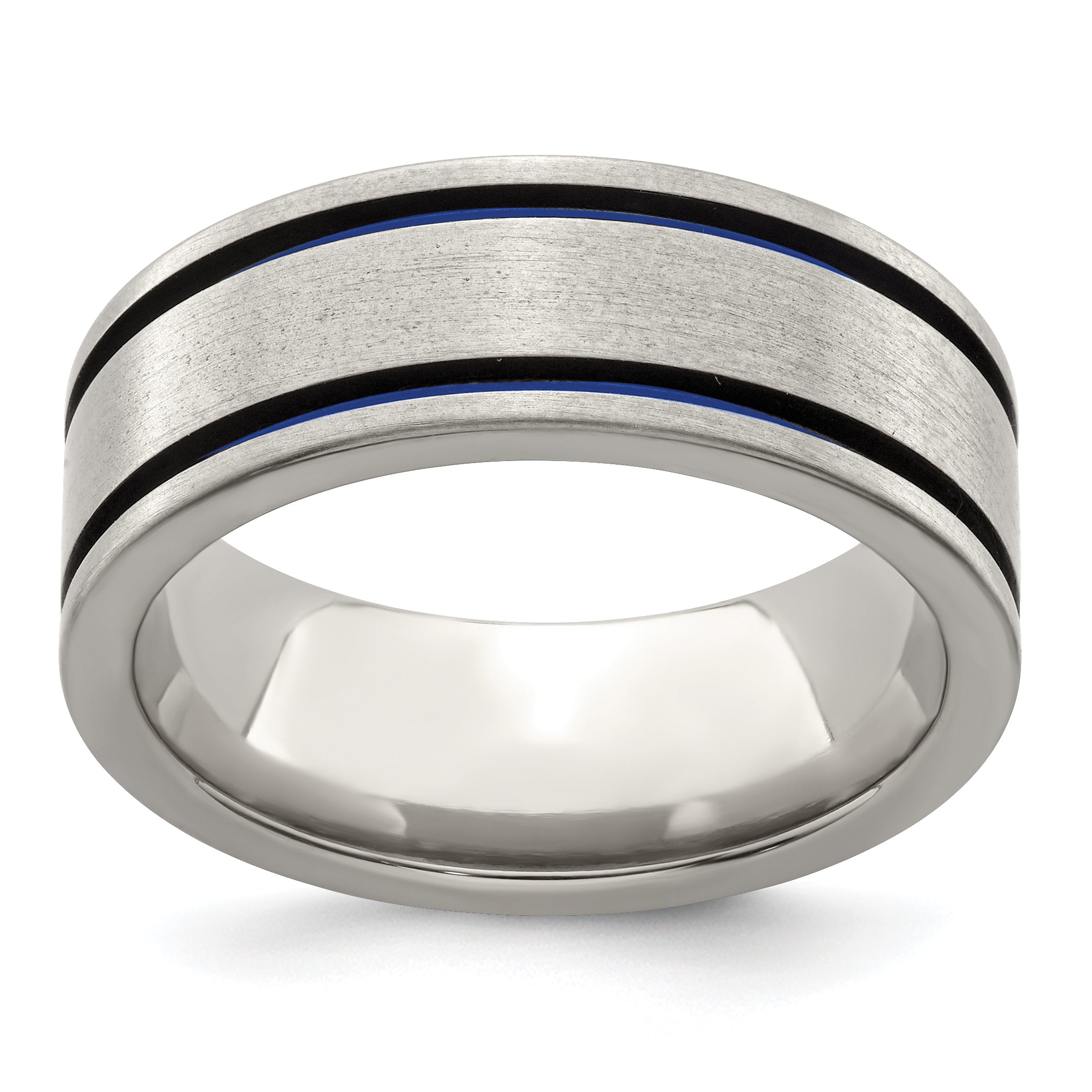 Edward Mirell Titanium Brushed with Blue Anodized Double Groove Flat 8mm Band Main image
