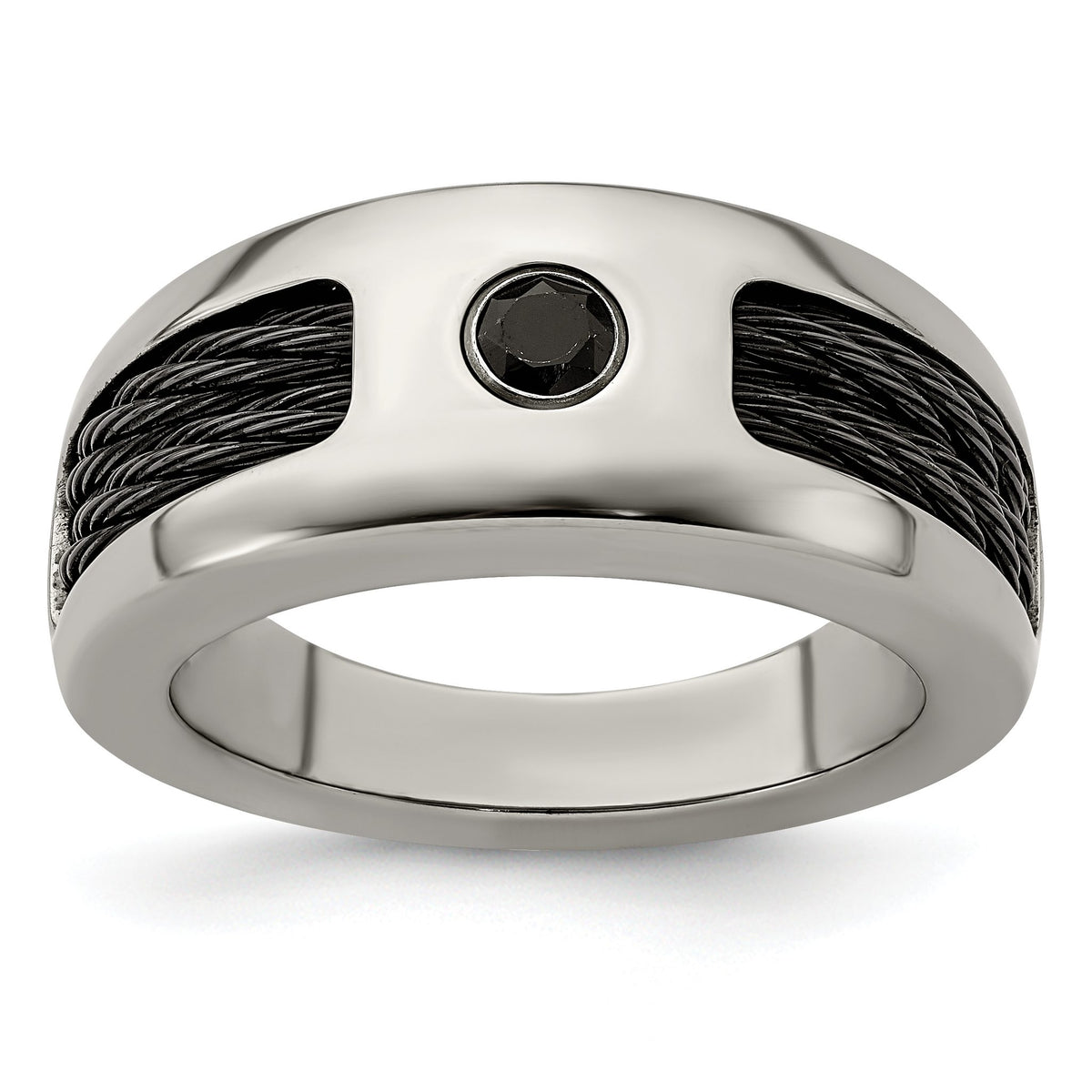 Cable and Black Spinel Bezel Wedding Band in Titanium, 8mm, Size 9.5–11.5 - Sophia Jewelers Main image