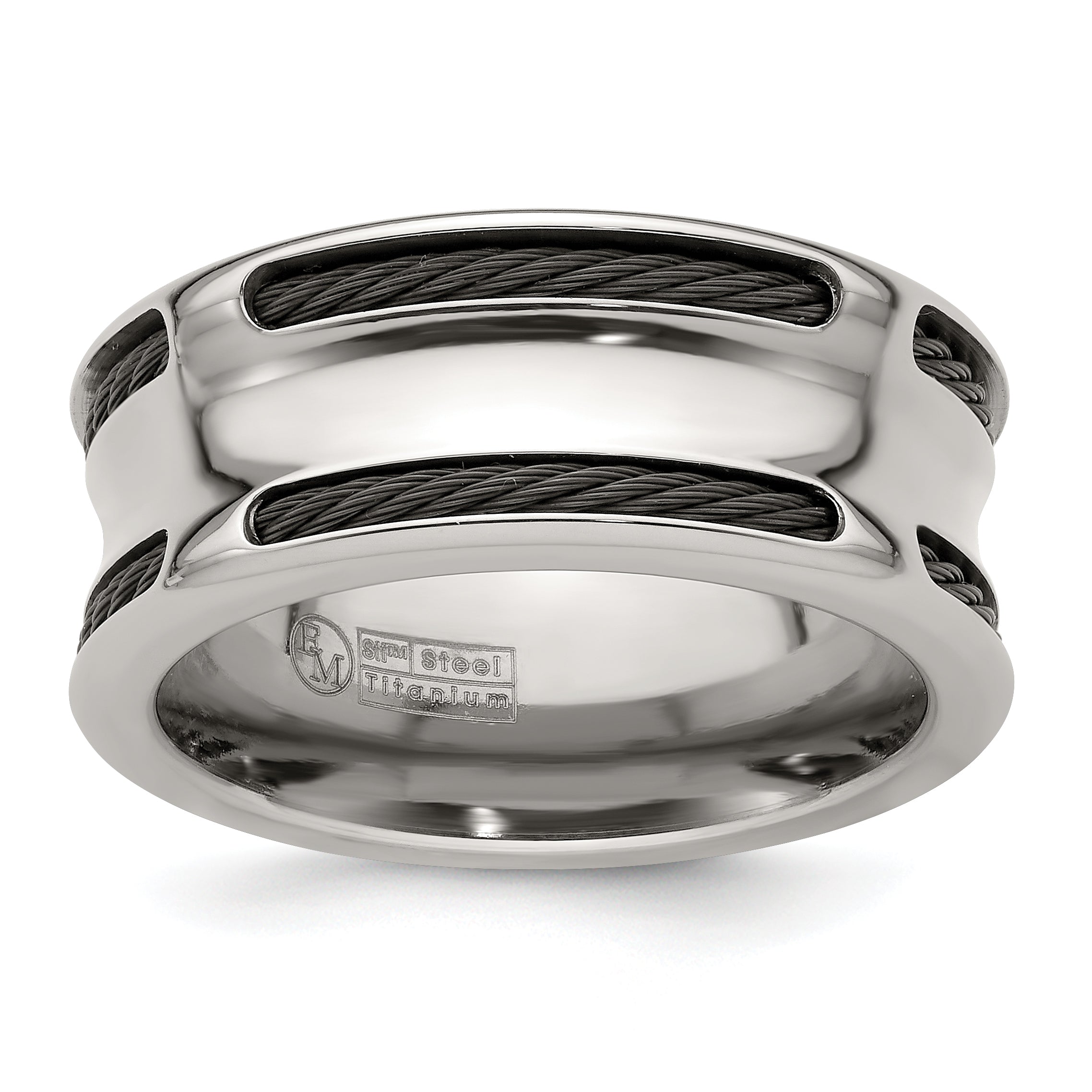 Edward Mirell Stainless Steel and Black Ti Cable Edge Polished Concave 10mm Band Main image