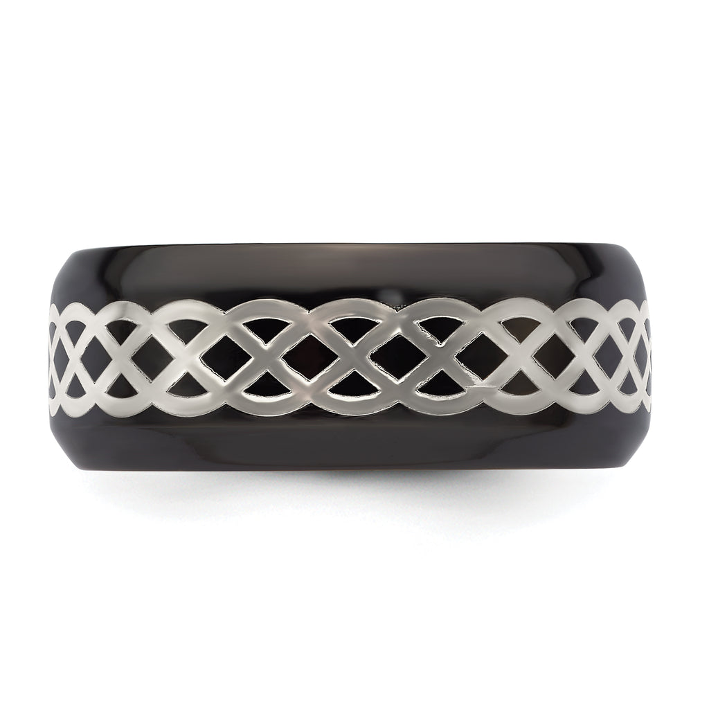 Edward Mirell Black Ti and Argentium Sterling Silver Inlay Polished Celtic Design 9mm Flat Band