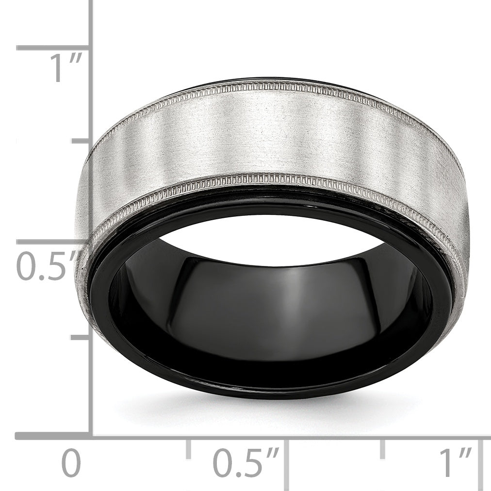 Edward Mirell Black Ti & Sterling Silver Satin & Polished Milgrain Ring