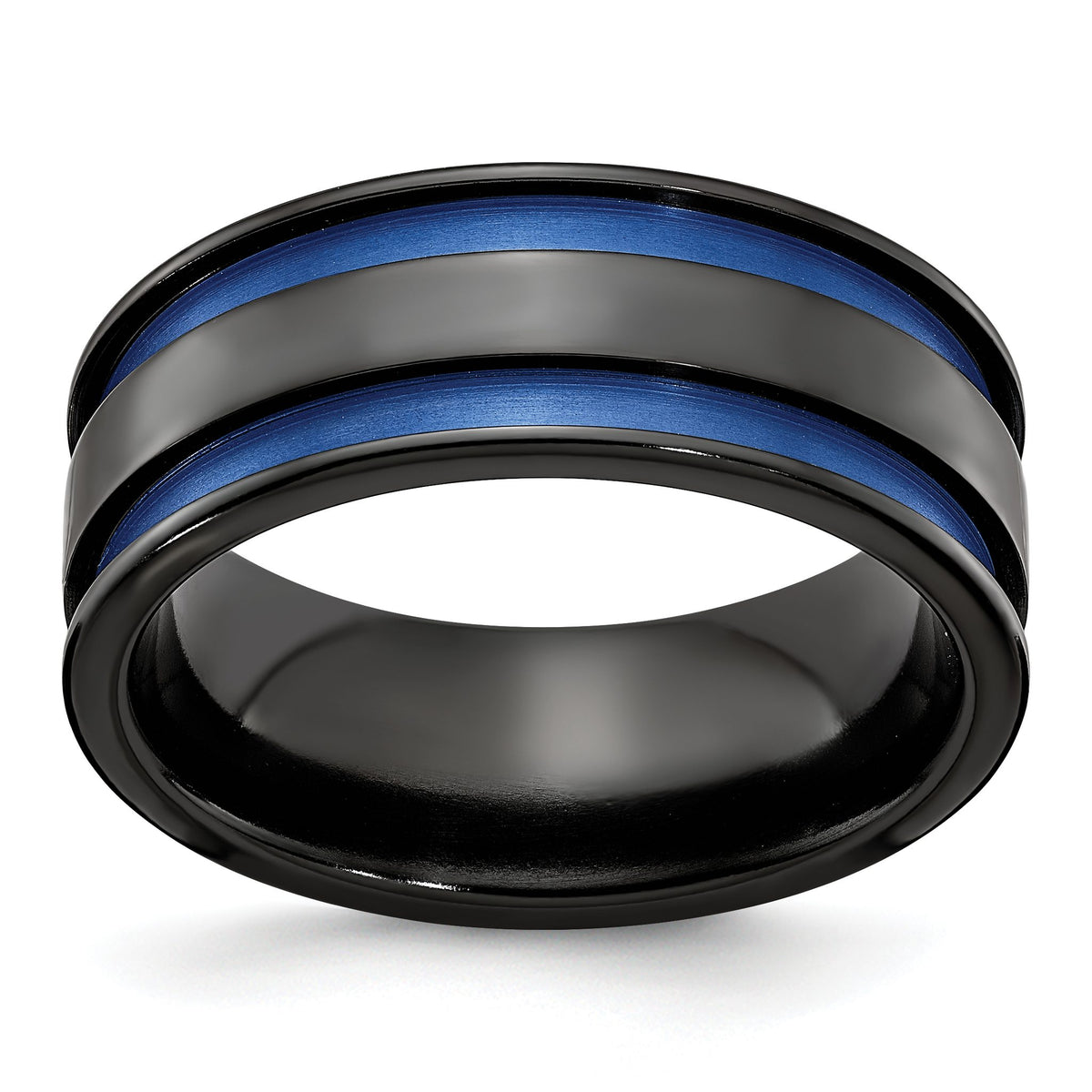 Edward Mirell Black Ti with Blue Anodized Grooves Flat 8.5mm Band - Sophia Jewelers Main image