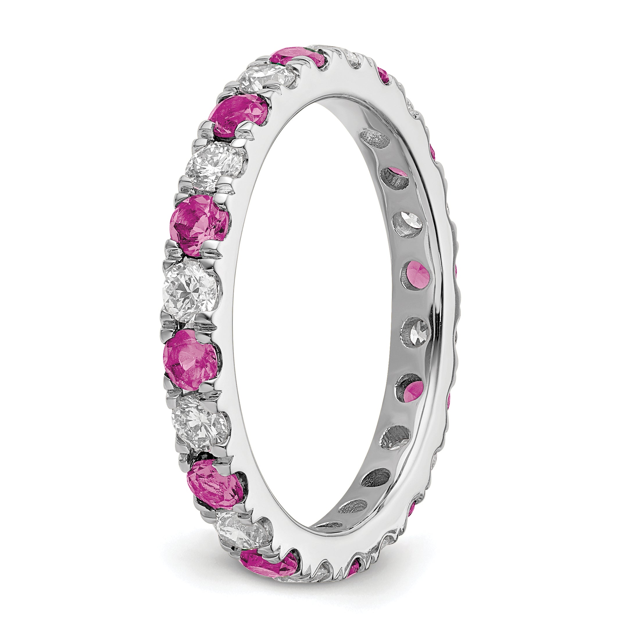 14k White Gold 7/8 carat Lab Grown Diamond VS/SI+ G+ and Lab Created Pink Sapphire Size 9 Eternity Band