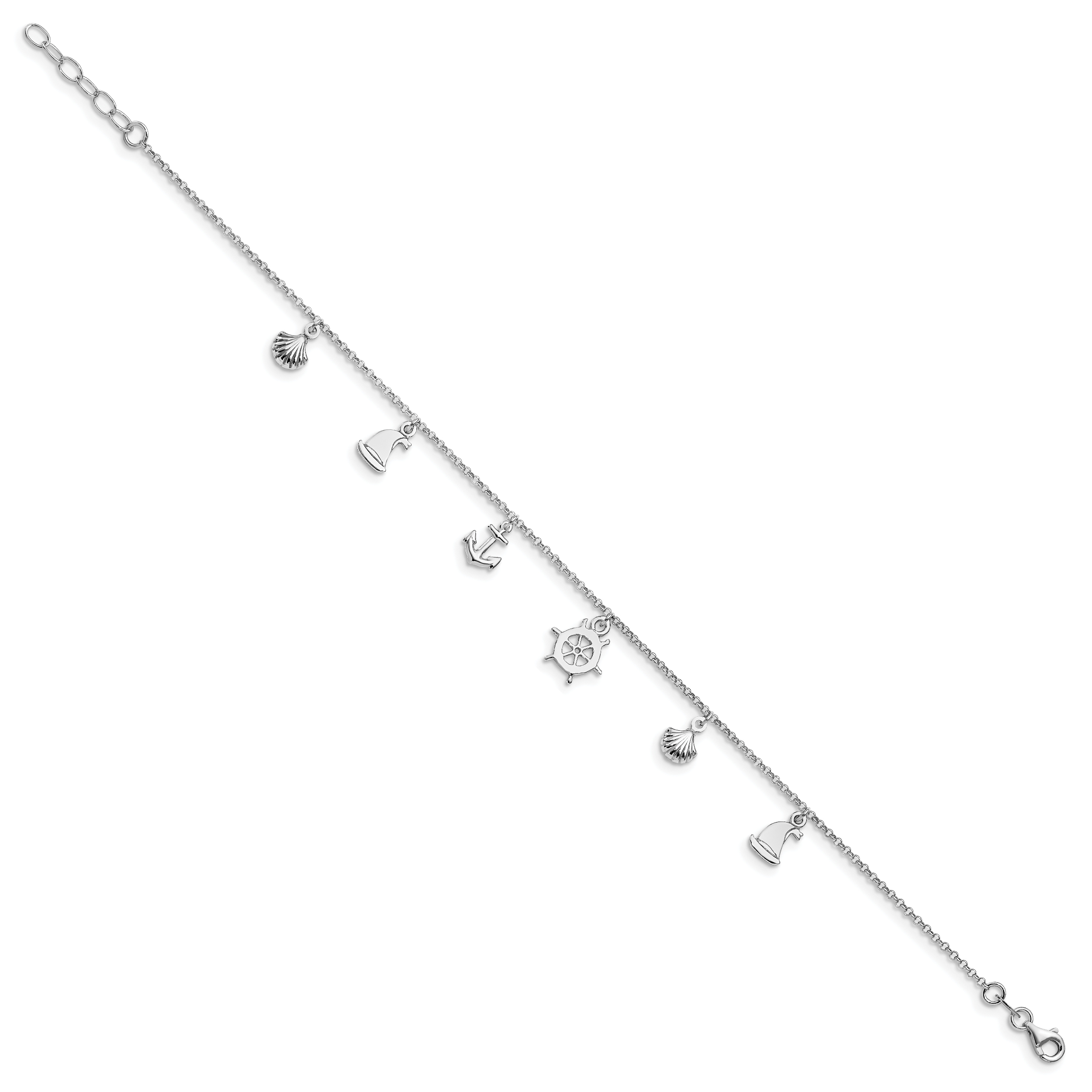 Sterling Silver Rhodium-plated Nautical Charms 9 inch Plus 1 inch Extender - Total 10 inch Anklet Secondary image