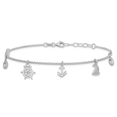 Sterling Silver Rhodium-plated Nautical Charms 9 inch Plus 1 inch Extender - Total 10 inch Anklet