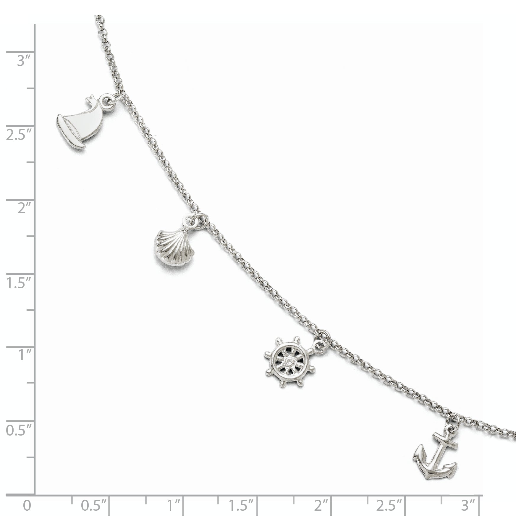 Sterling Silver Rhodium-plated Nautical Charms 9 inch Plus 1 inch Extender - Total 10 inch Anklet