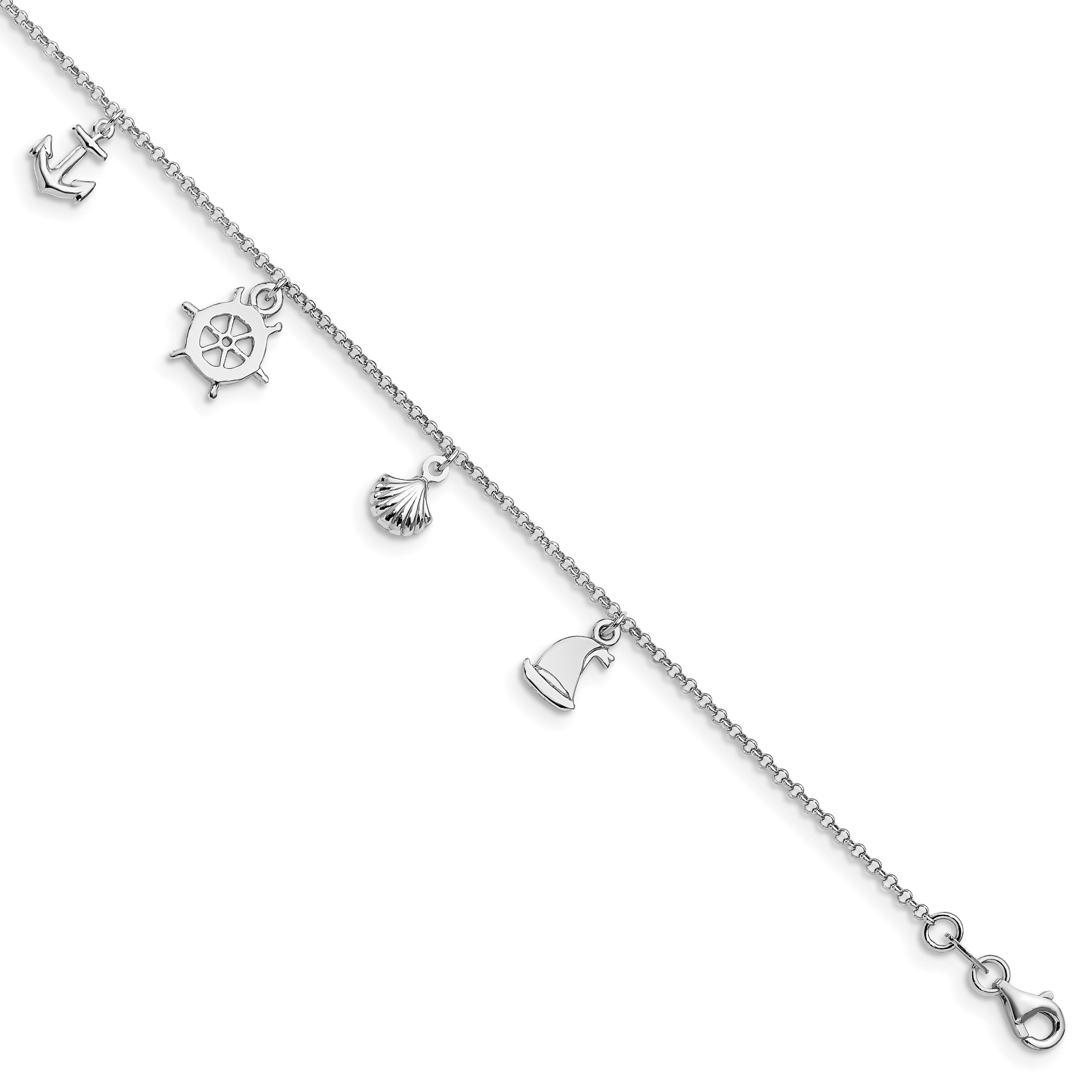 Sterling Silver Rhodium-plated Nautical Charms 9 inch Plus 1 inch Extender - Total 10 inch Anklet