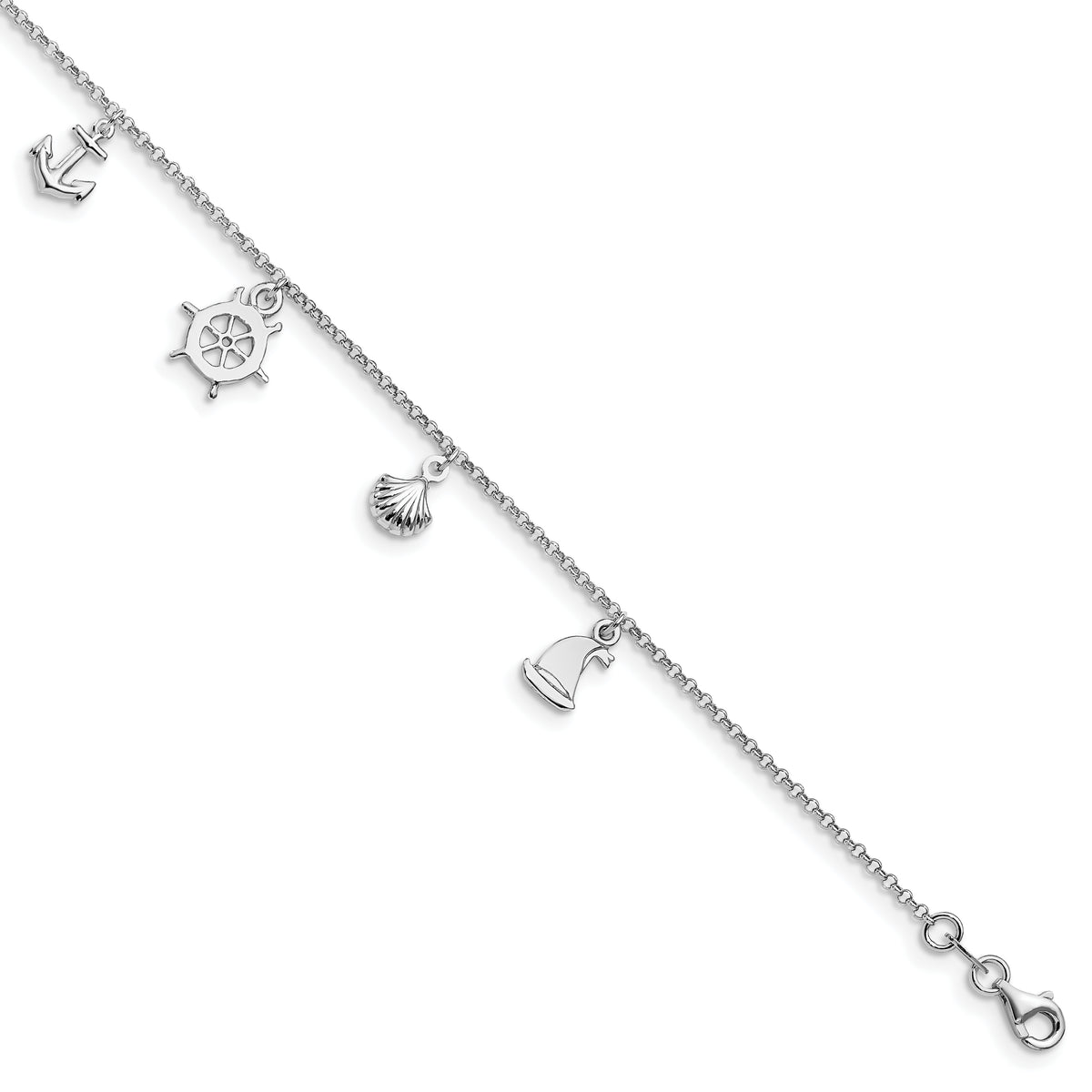Sterling Silver Rhodium-plated Nautical Charms 9 inch Plus 1 inch Extender - Total 10 inch Anklet