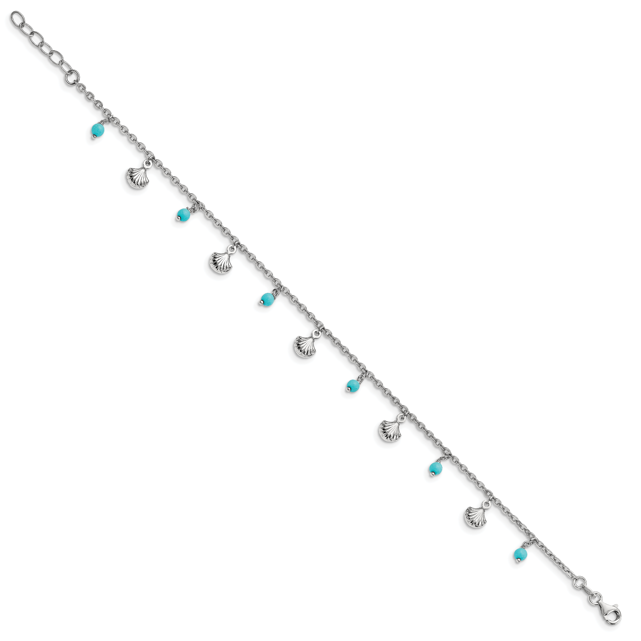 Sterling Silver Rhodium-plated Turquoise and Shell Charms 9 inch Plus 1 inch Extender - Total 10 inch Anklet Secondary image