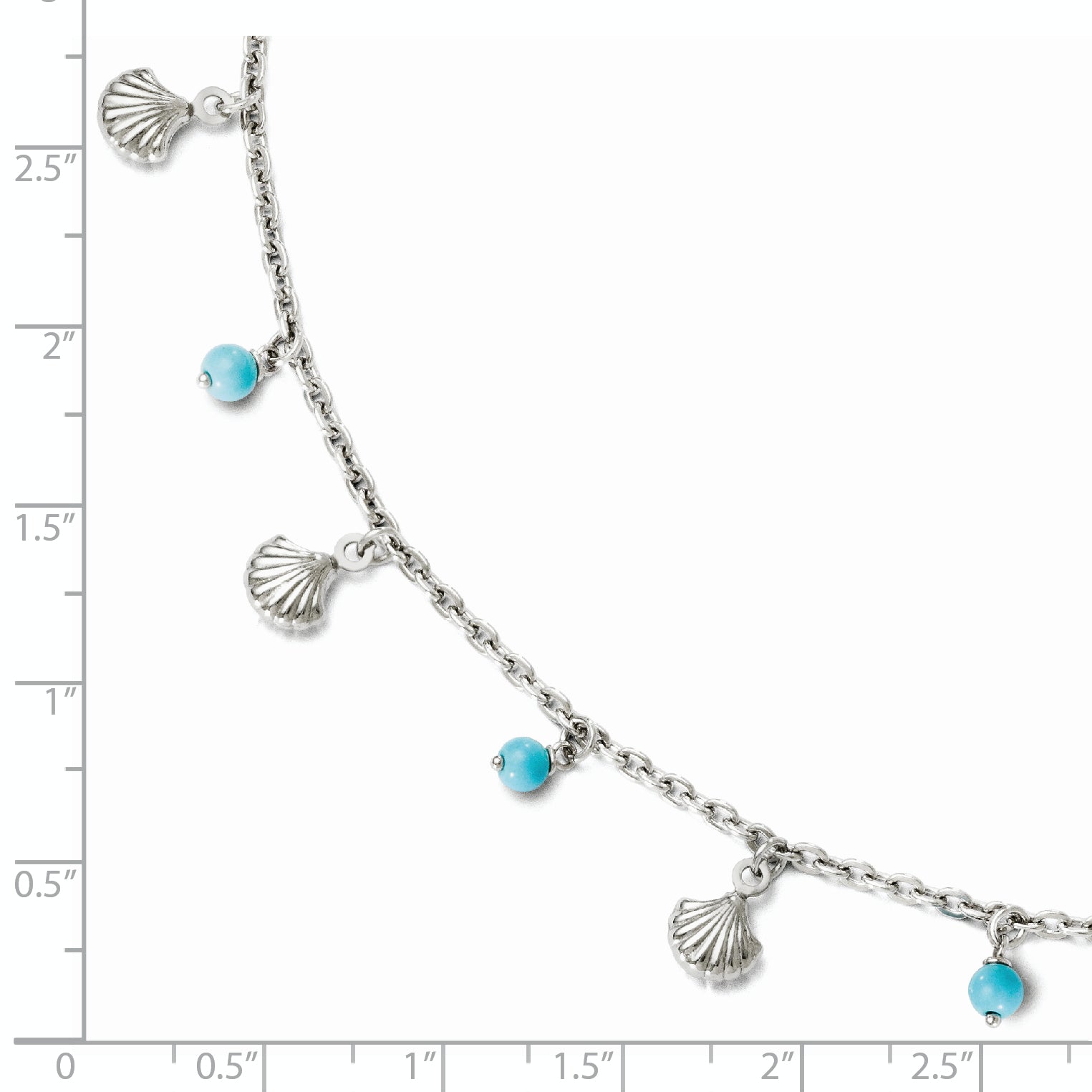 Sterling Silver Rhodium-plated Turquoise and Shell Charms 9 inch Plus 1 inch Extender - Total 10 inch Anklet