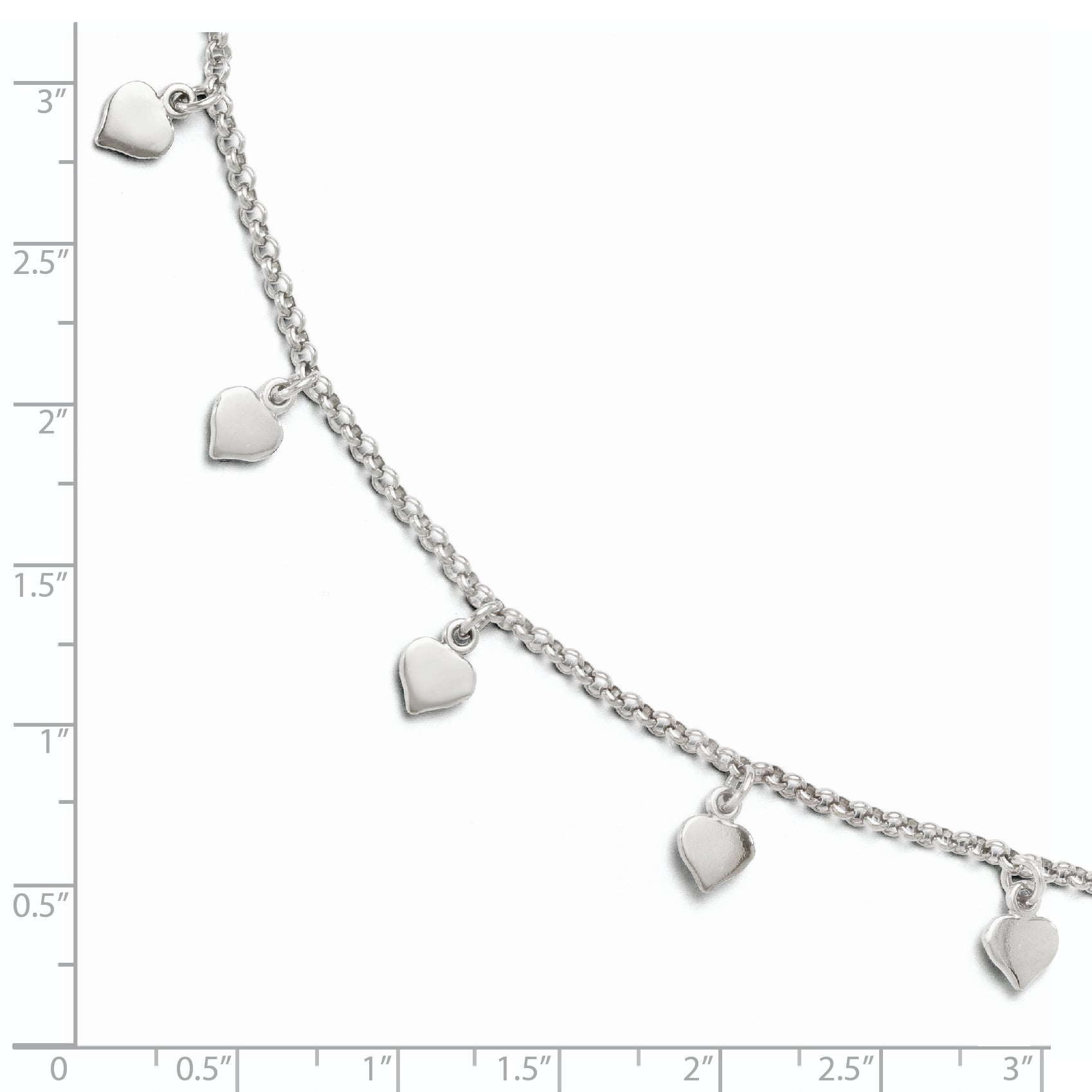 Sterling Silver Rhodium-plated Heart Charms 9 inch Plus 1 inch Extender - Total 10 inch Anklet