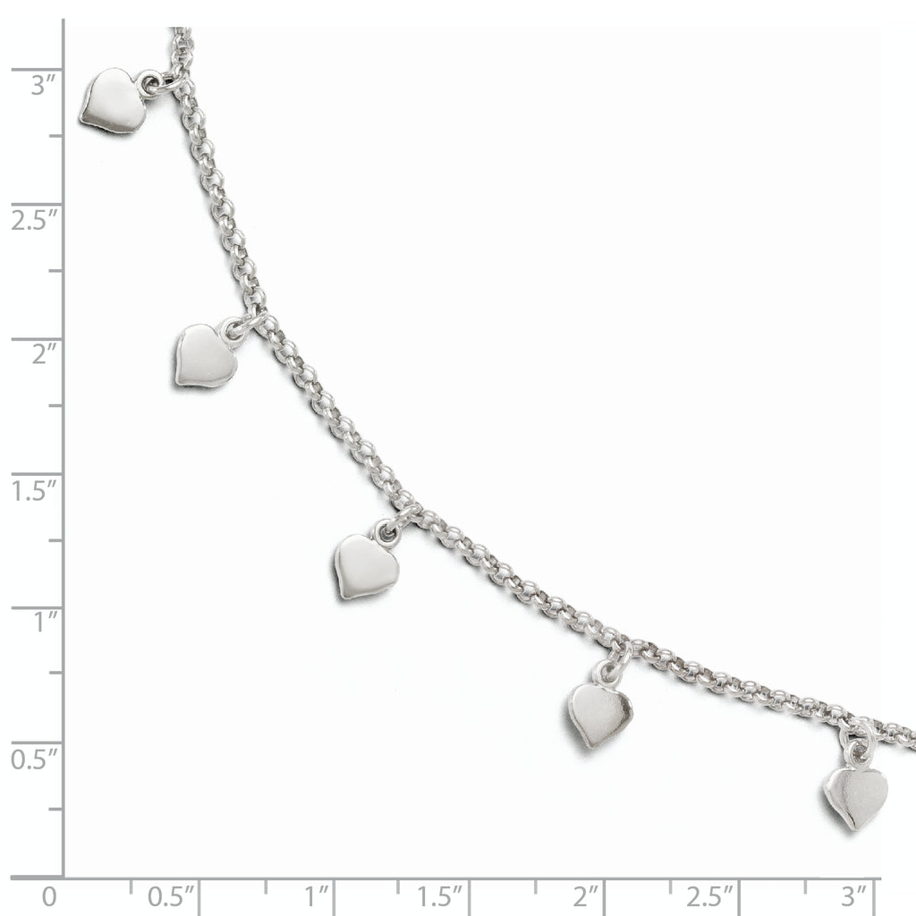 Sterling Silver Rhodium-plated Heart Charms 9 inch Plus 1 inch Extender - Total 10 inch Anklet