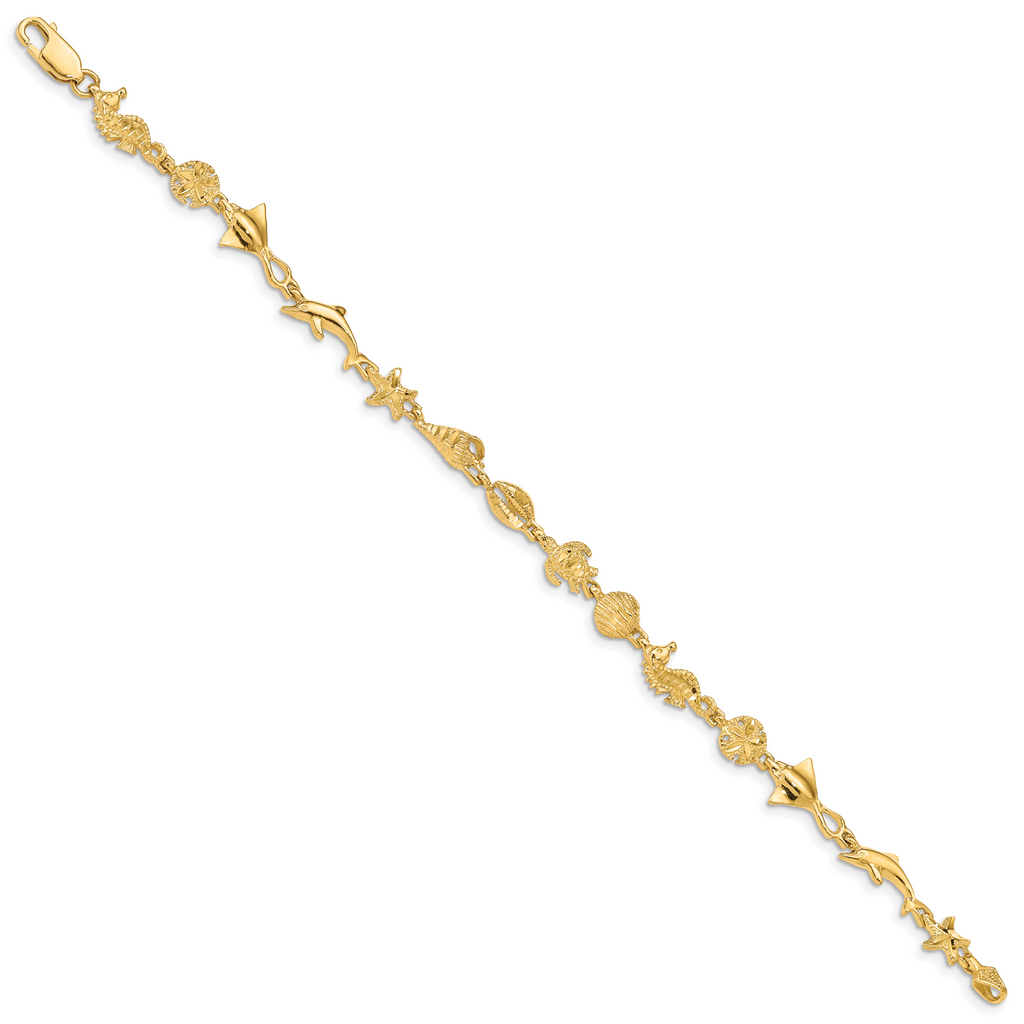 14k Polished and Textured Ocean Motif 7 inch Bracelet