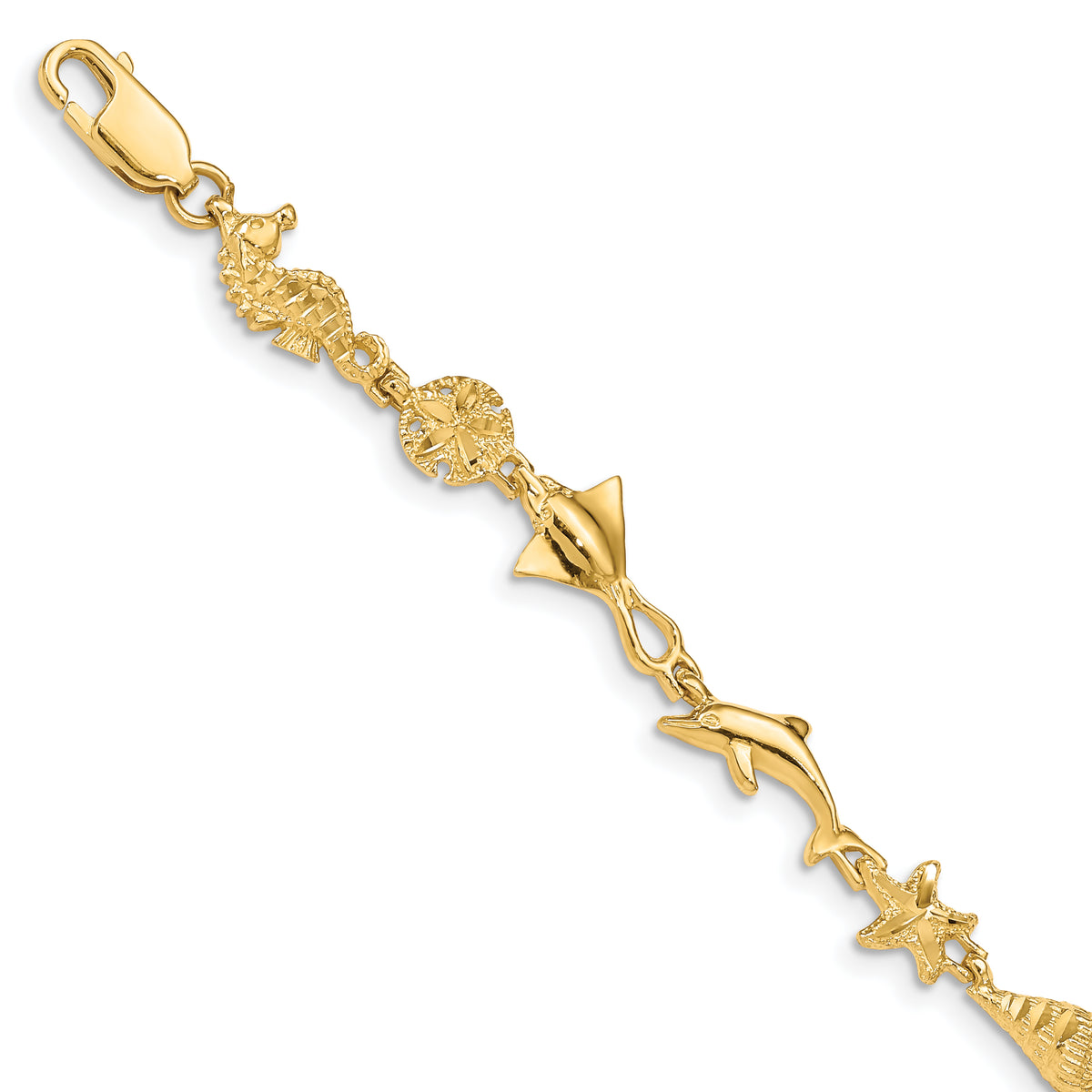 14k Polished and Textured Ocean Motif 7 inch Bracelet Main image