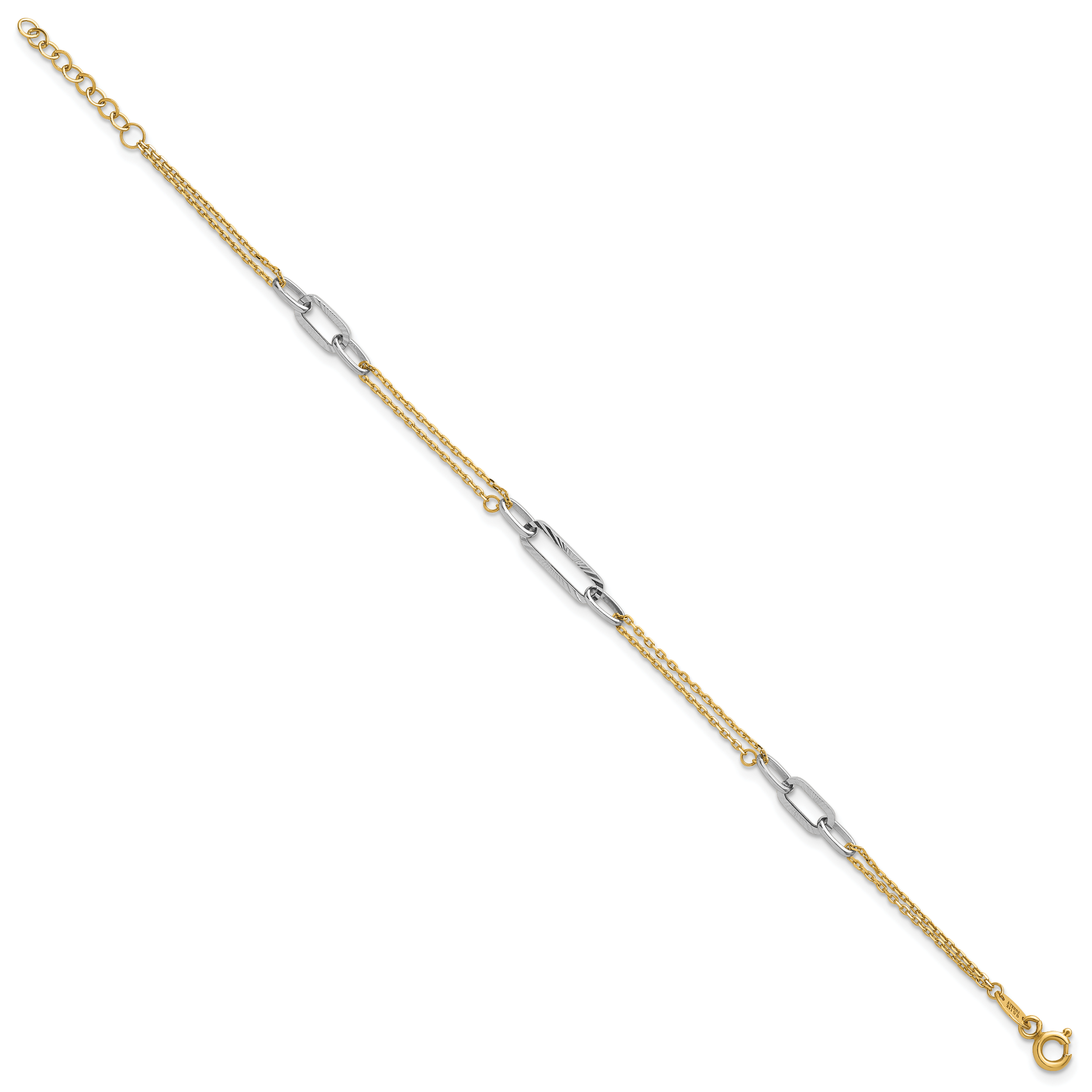 14K Two-tone Polished and Diamond-cut 3-Station 6.5 inch Bracelet Plus 0.75 inch Extender