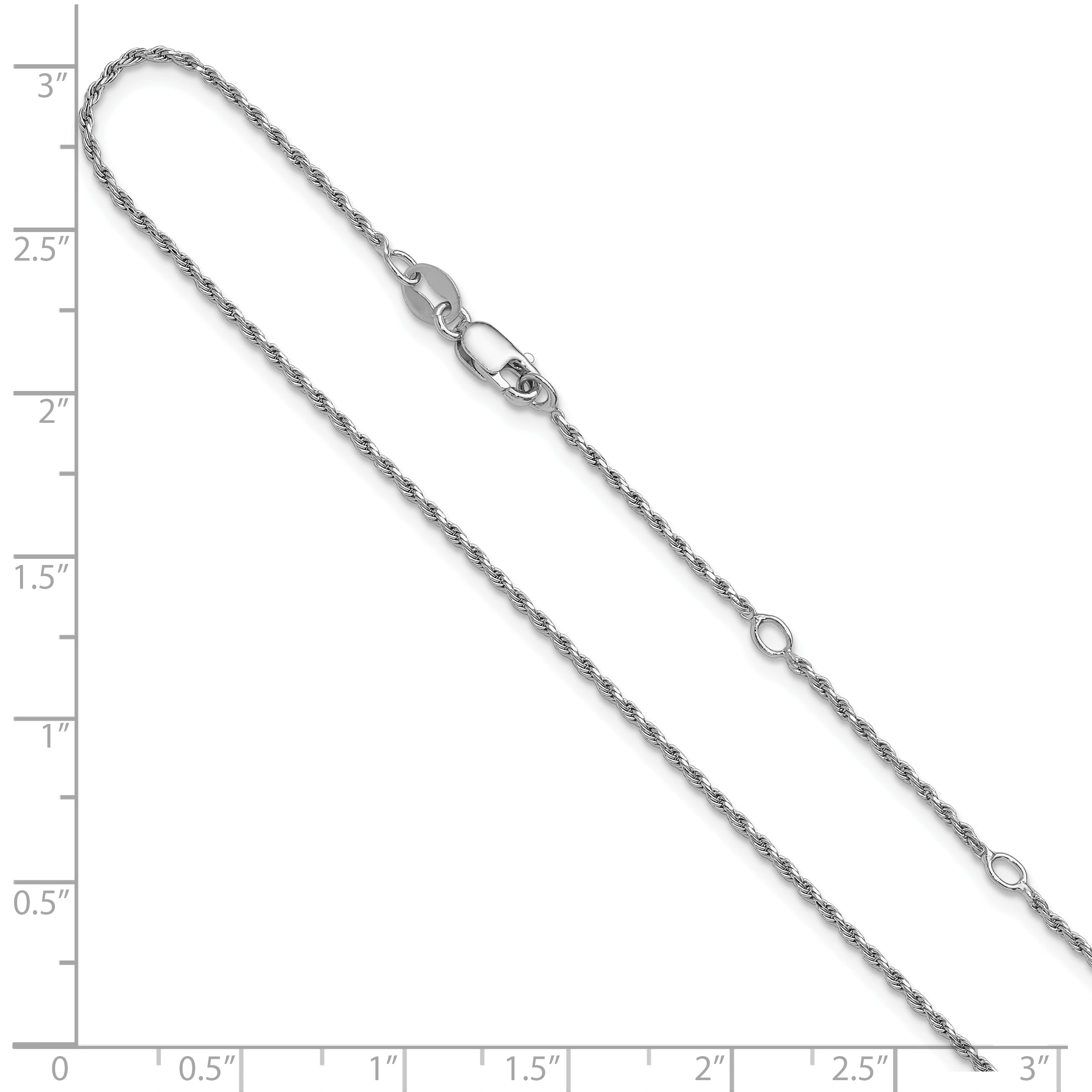 Sterling Silver RH-plt 1.2mm D/C Rope 1in+1in Adjustable Chain