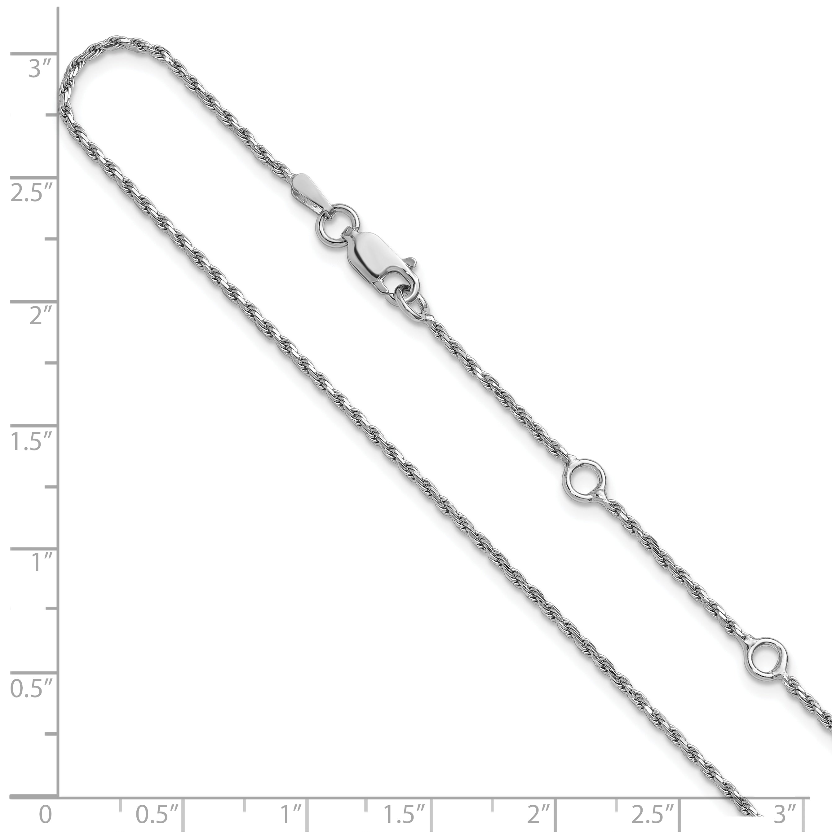 Sterling Silver RH-plt 1.4mm D/C Rope 1in+1in Adjustable Chain