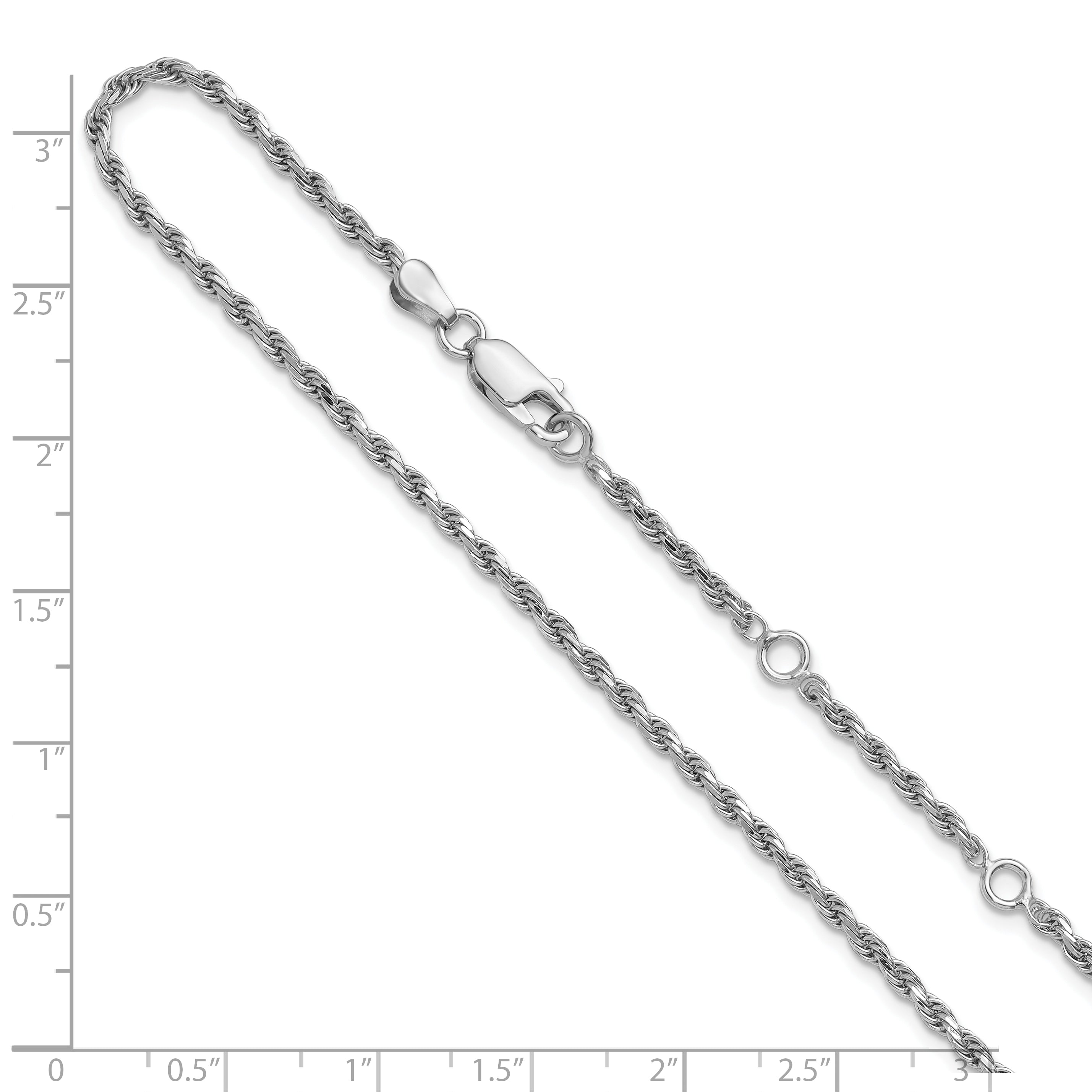 Sterling Silver RH-plt 2.2mm D/C Rope 1in+1in Adjustable Chain