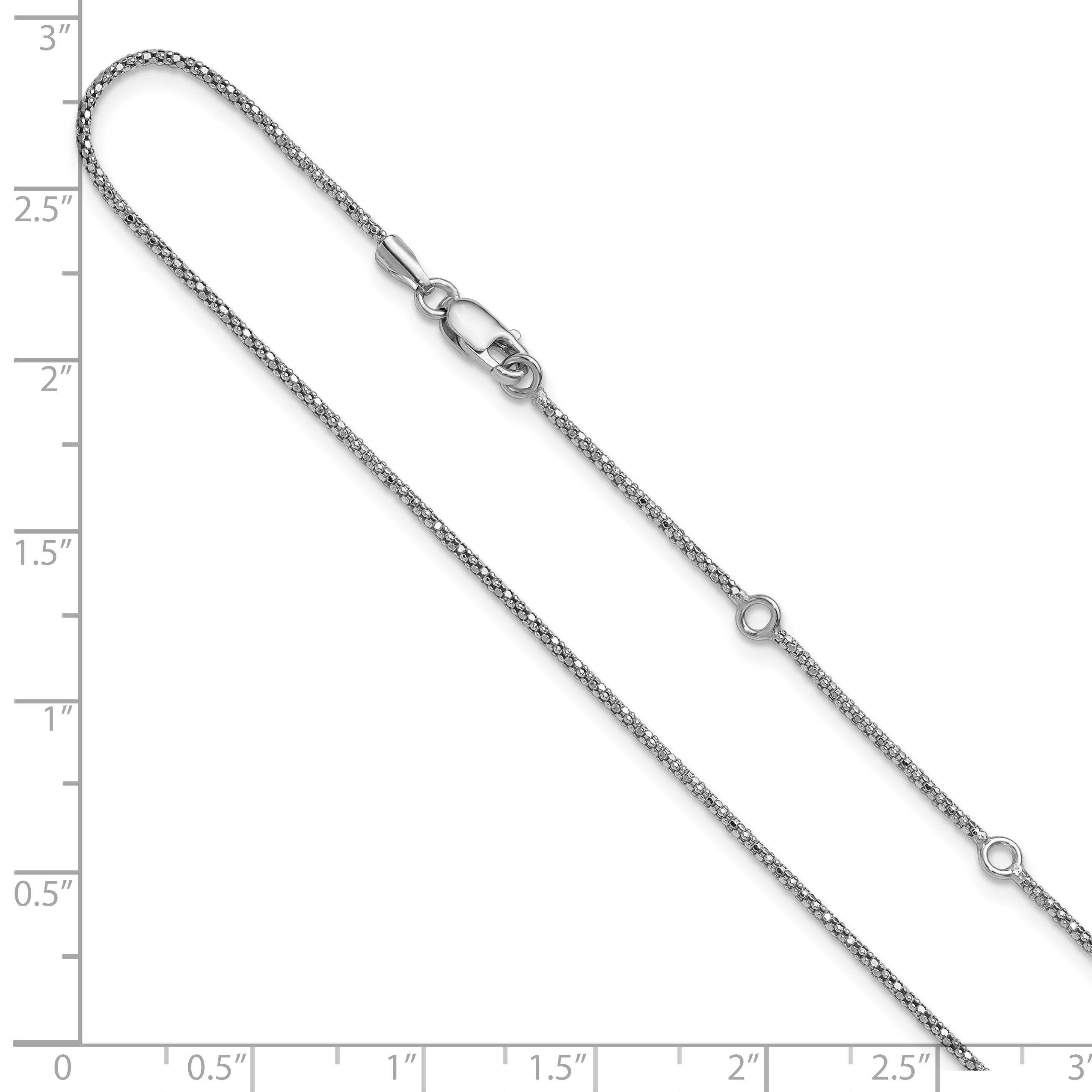 Sterling Silver RH-plt 1.2mm D/C Popcorn 1in+1in Adjustable Chain