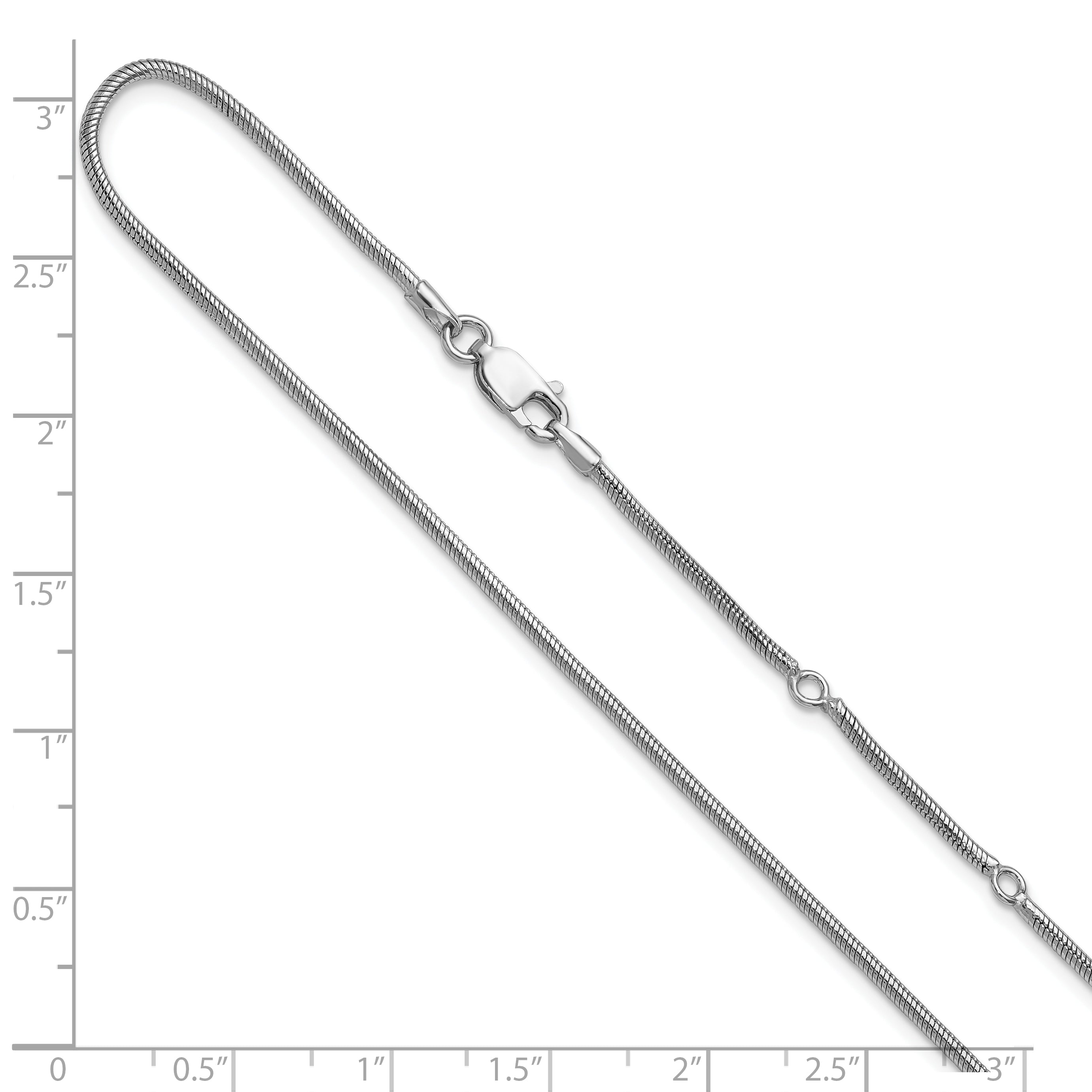 SS Rh-plat 1.6mm Round Snake 1in+1in Adjustable Chain