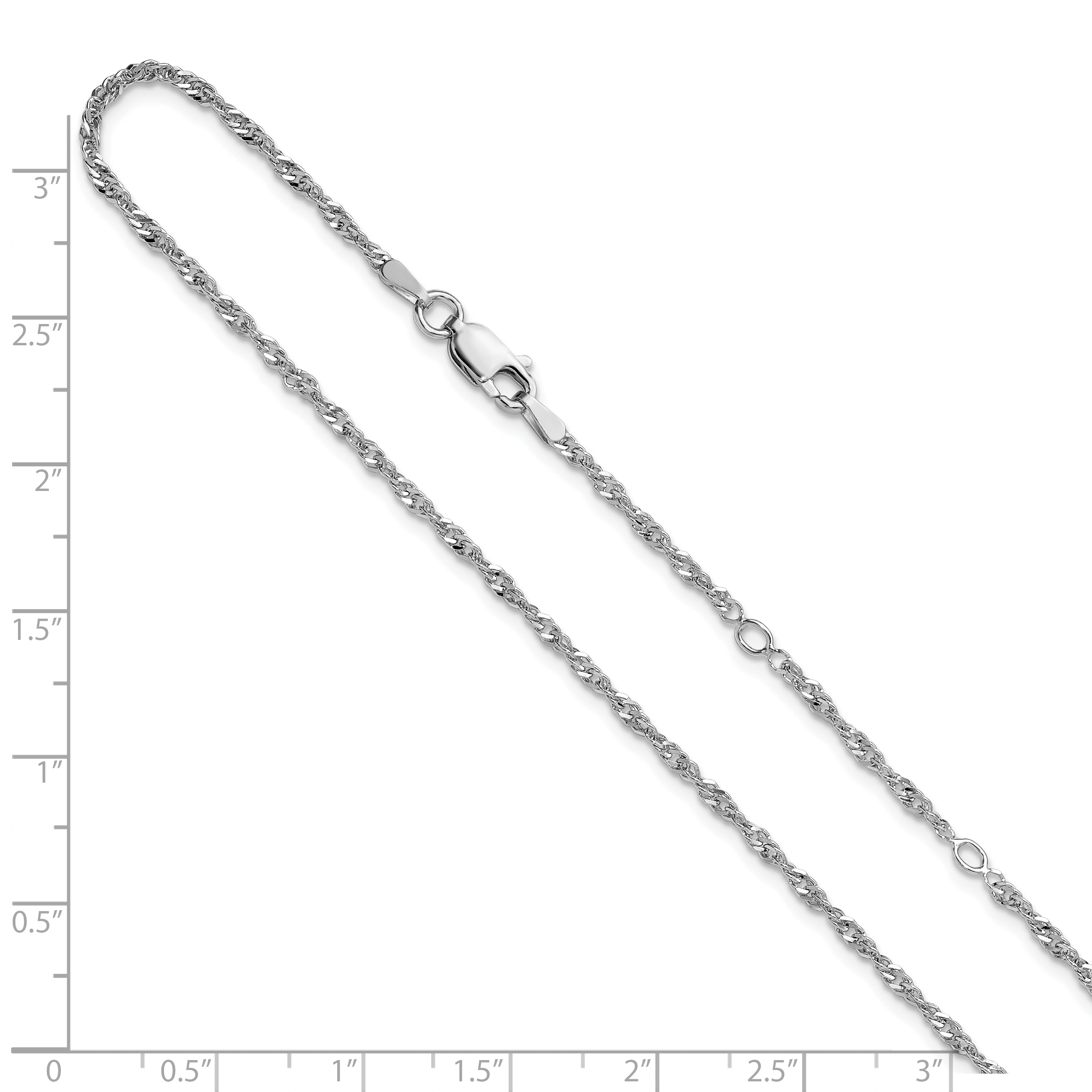 Sterling Silver Rh-plated 2mm Singapore 1in+1in Adjustable Chain
