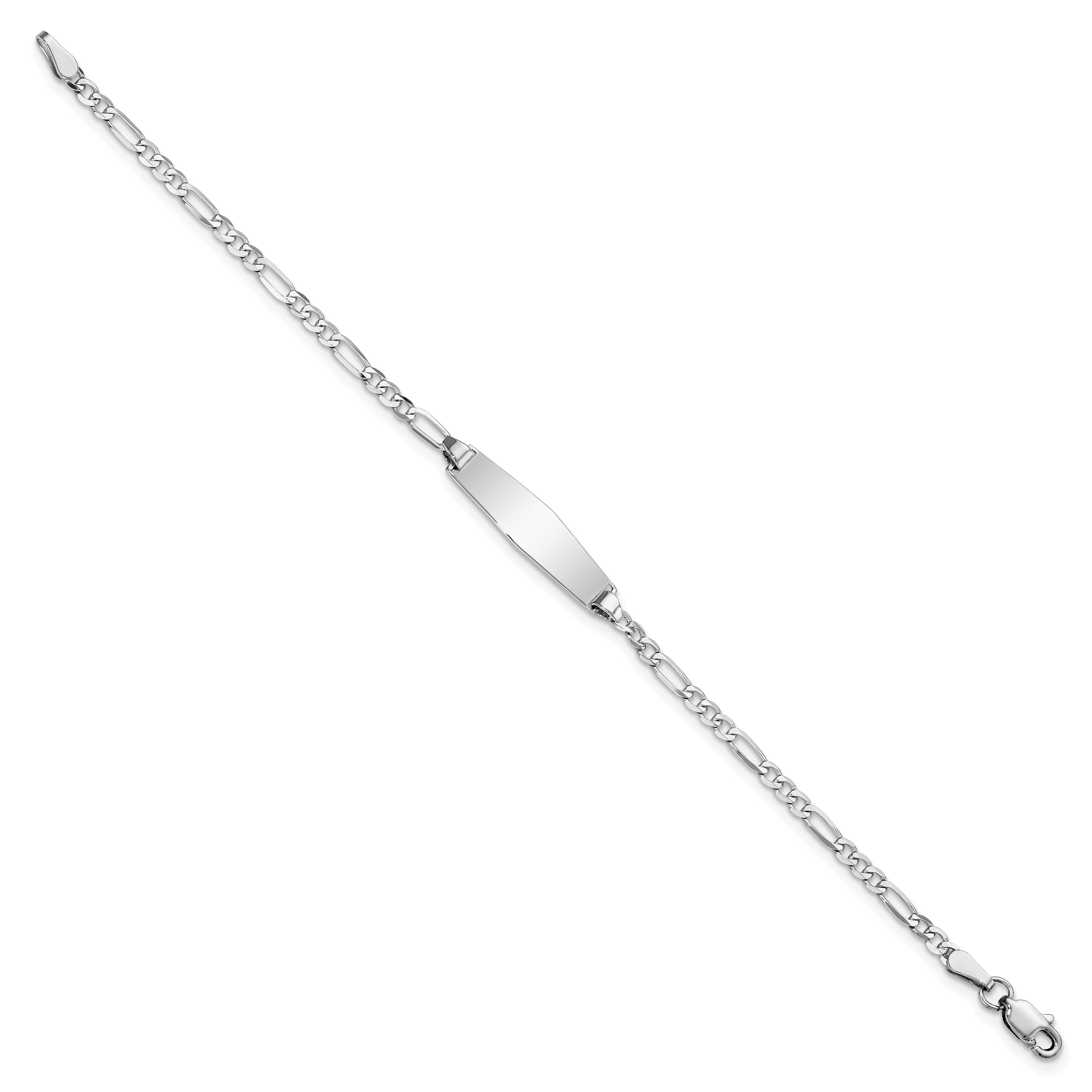 14k White Gold Polished Solid Chain/Solid Plate Figaro Link Soft Diamond Shape 19.5x5.5mm Plate 7 inch ID Bracelet